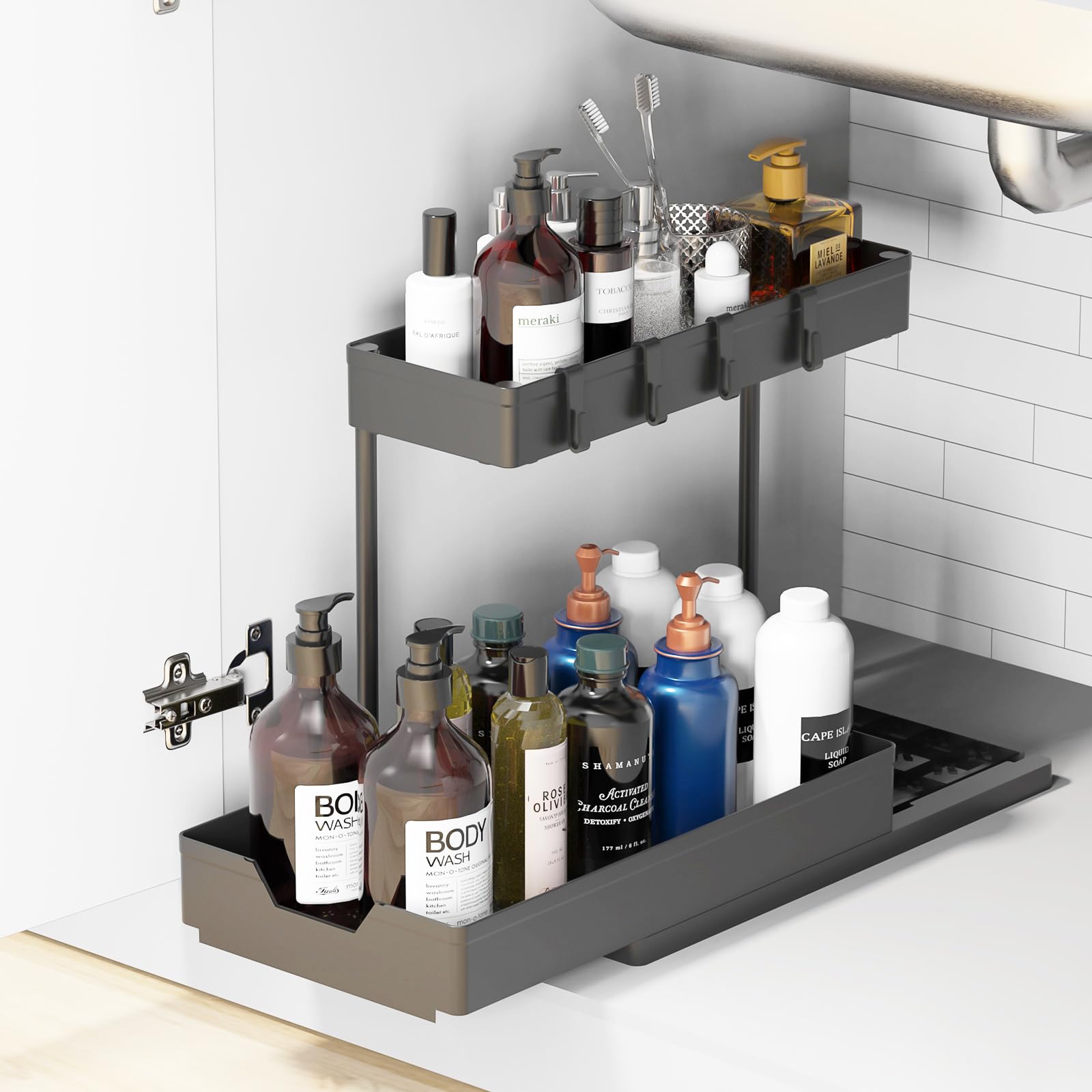 Marketero Under Sink Storage Kitchen Organiser Rack 2 Tier, Multi-Purpose Under Cupboard Storage Slide Out Drawer and 4 Hooks for Kitchen Bathroom Black