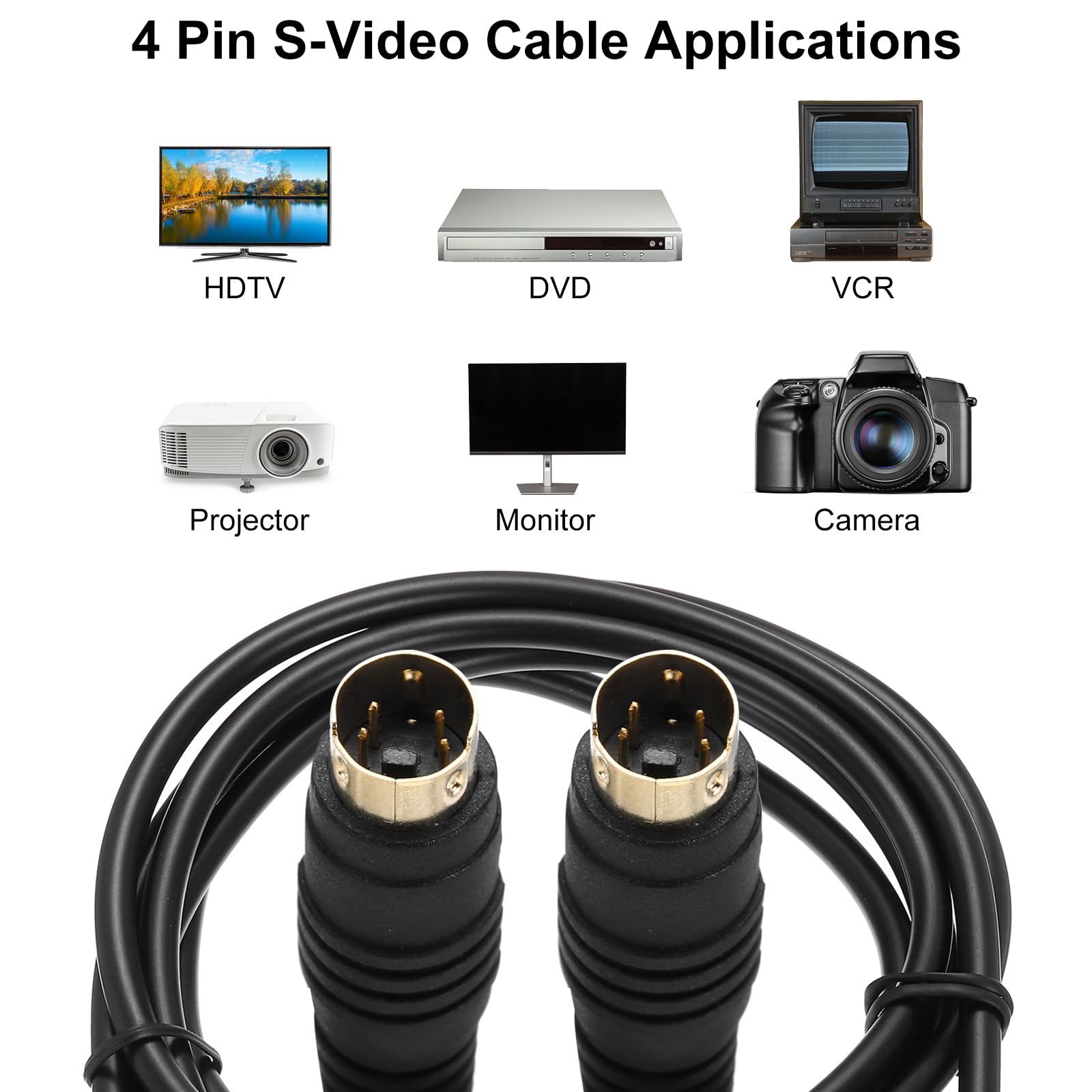 MECCANIXITY Cable de vídeo S de 16 pies, mini DIN de 4 pines, cable S-Video macho a macho, chapado en oro, conector de transferencia para receptor de TV, monitor, S-VHS, VCR, DVD