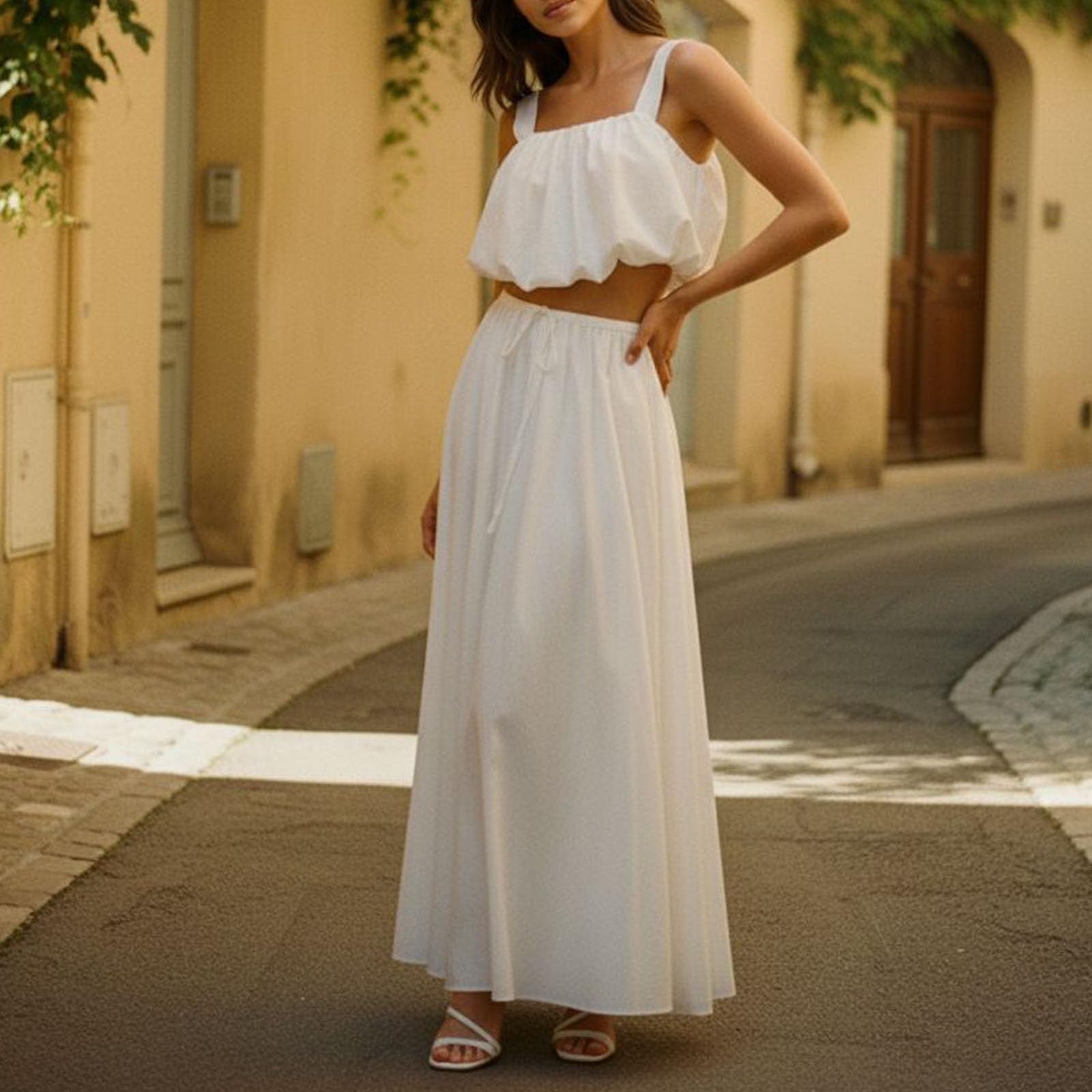 Completi Estivi da Donna in 2 Pezzi Top Corto Senza Maniche e Gonna Lunga con Coulisse Set Coordinato