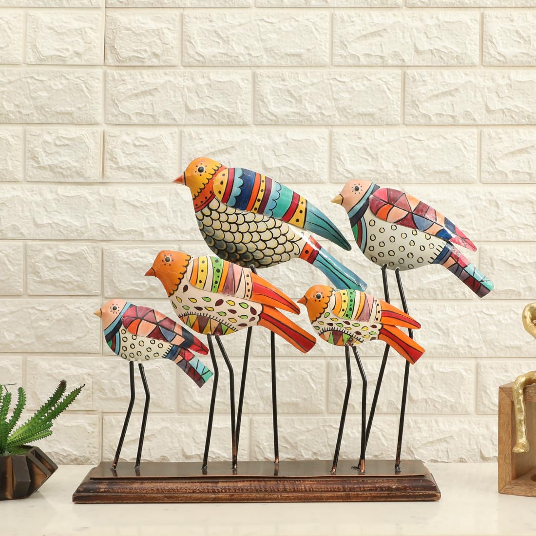 vedas Multicolour Metal & Wood Handpainted Oni Cluster Bird for Table Decor Living Room, Bedroom, Hallway, Office, Decorative Showpeice for Home, Desk Decor, Table Top (Size 19 x 16 Inches)