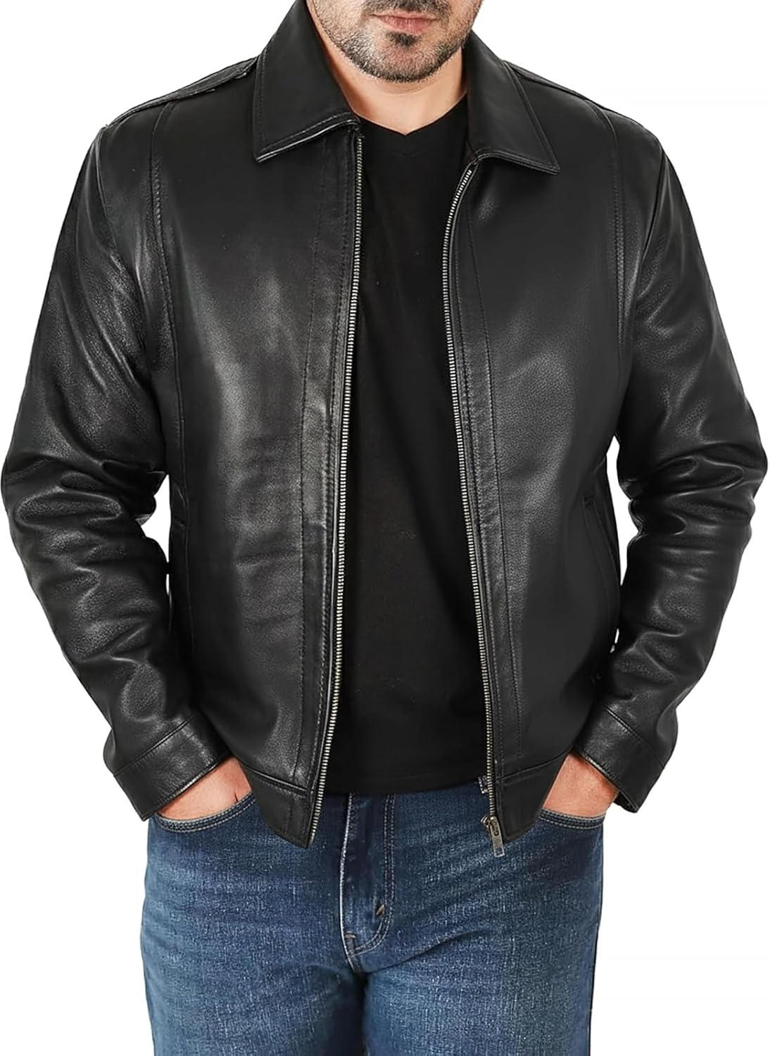 الفاخر - جاكيت كلاسيكي من جلد الغنم الطبيعي بياقة قميص للرجال ... - view 2