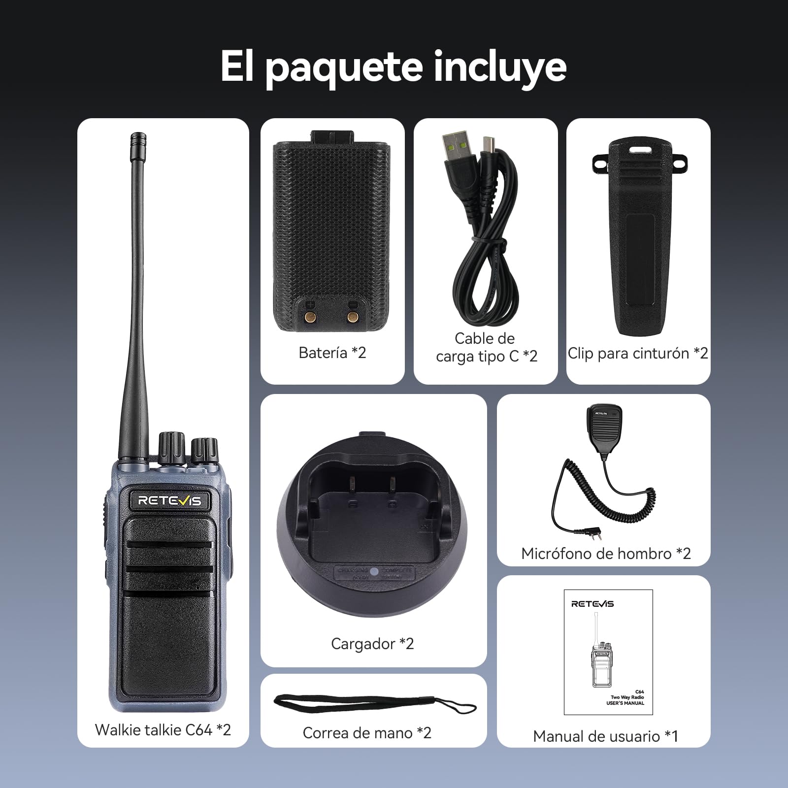 Retevis C64 Walkie Talkies con Control de Voz, Radio Bidireccional de Largo Alcance, 2500 mAh, VOX, Radio de Alta Potencia con Micrófono de Altavoz para Seguridad, Emergencia (Negro, 2 Piezas)