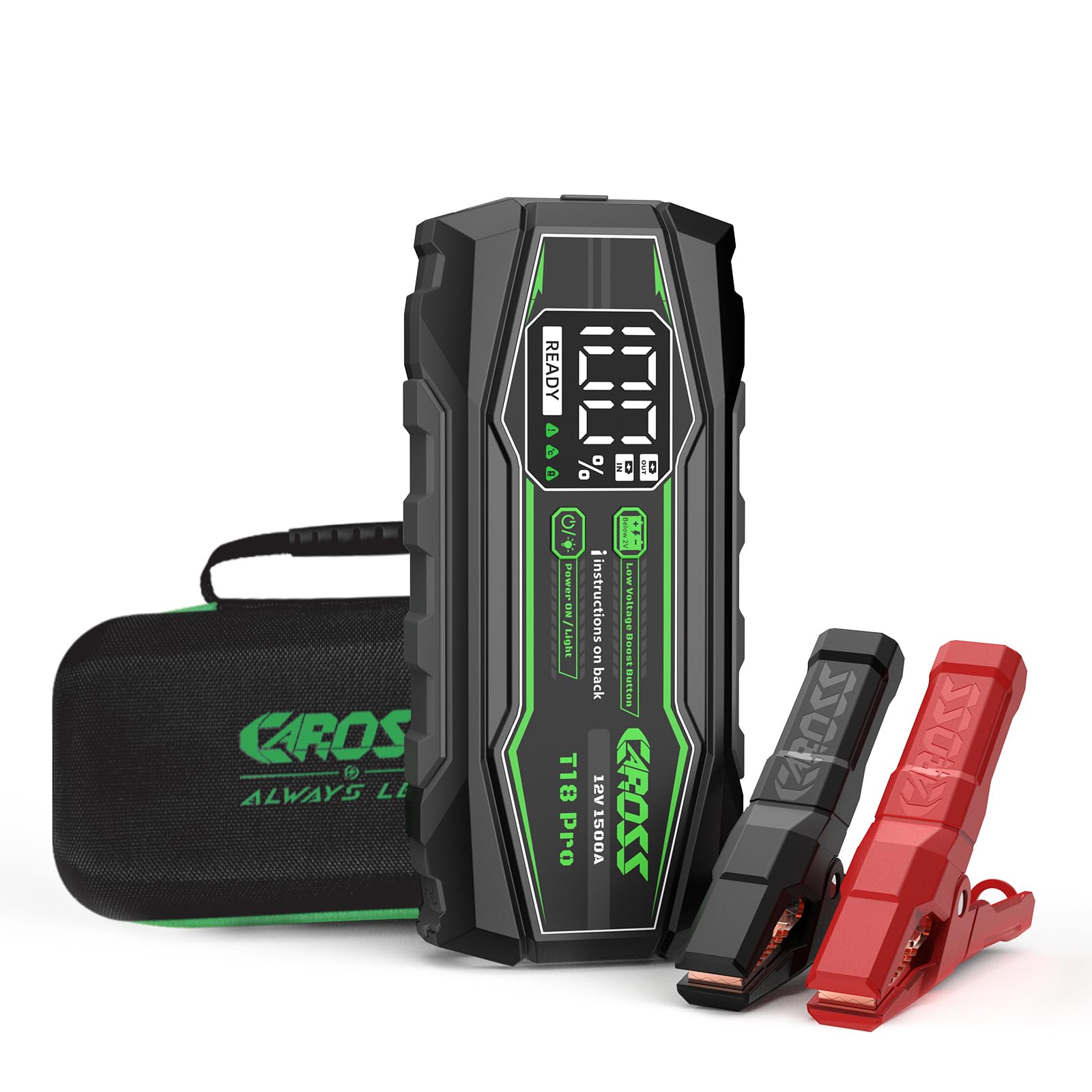 Caross T18 Pro Jump Starter 1500A 16000mAh 12V Portátil | Función Boost para Baterías de Bajo Voltaje, Protección contra Polaridad Inversa, 3 Modos de Luz, Carga Rápida 18W