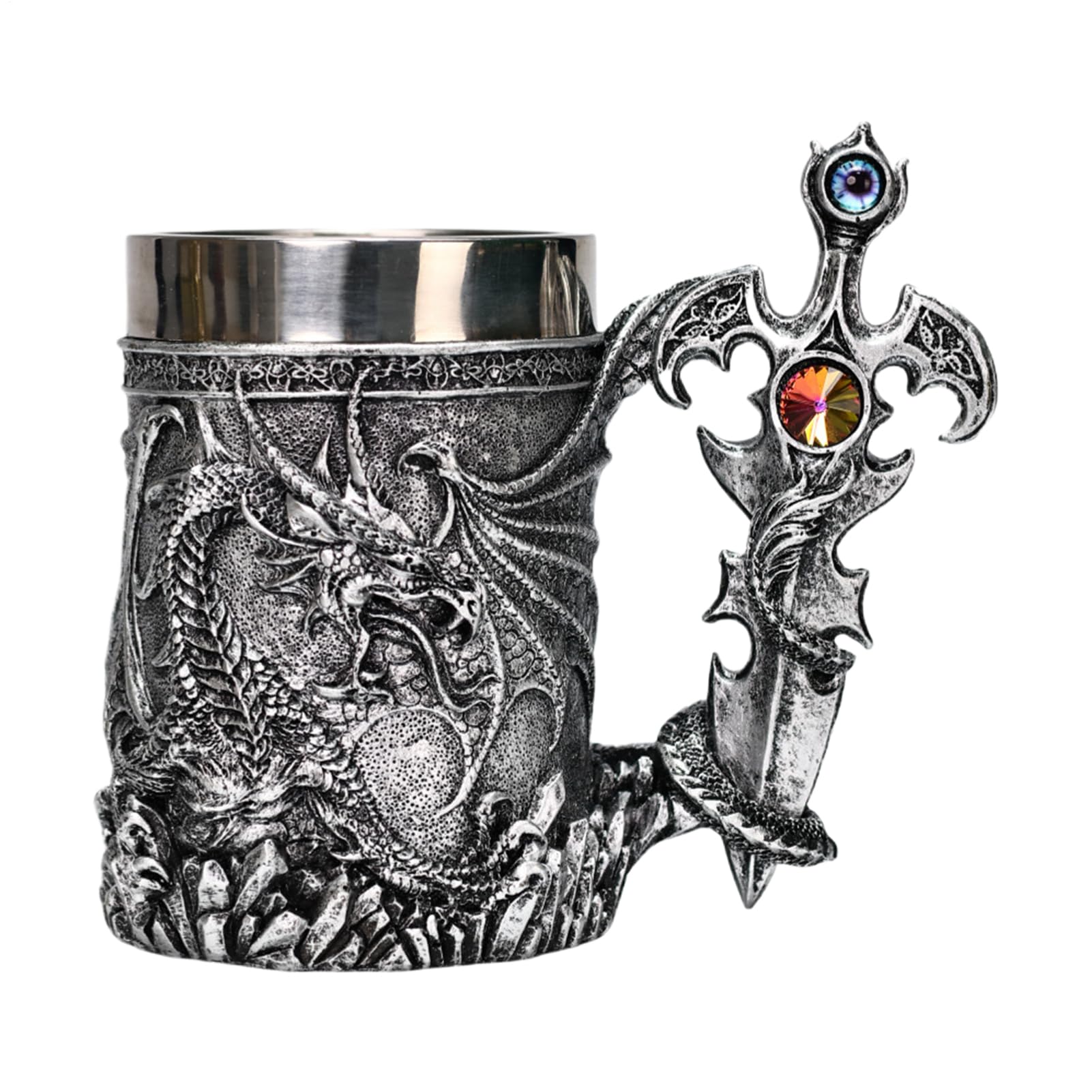 Tasse Dragon fantastique en résine argentée, cadeau de style médiéval