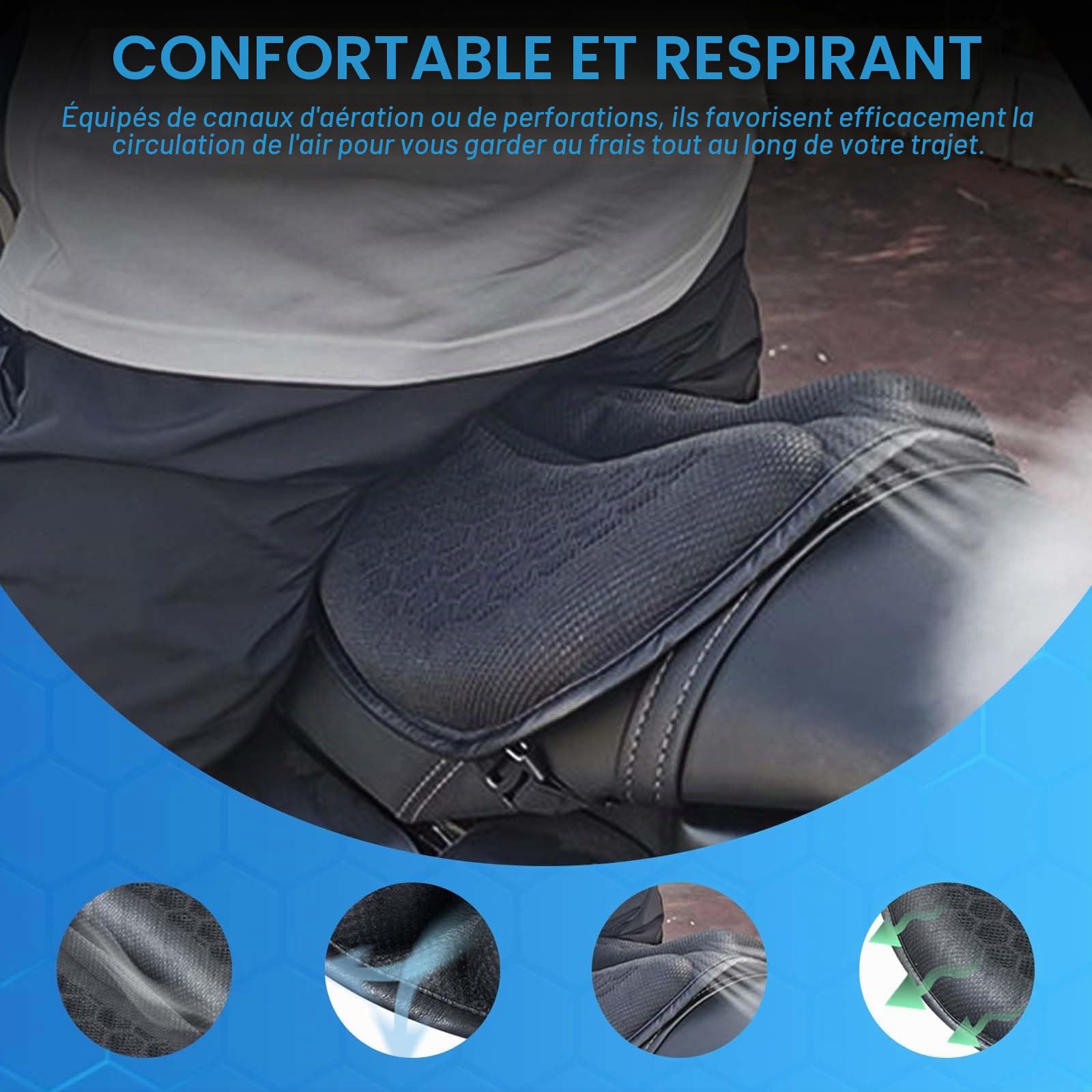 Coussin de Siège en Gel de Moto,coussin de Siège de moto en TPE à Structure Alvéolaire avec Pare-Soleil, Imperméable à la Pluie et Respirant, Adapté Aux Longues et Courtes Distances