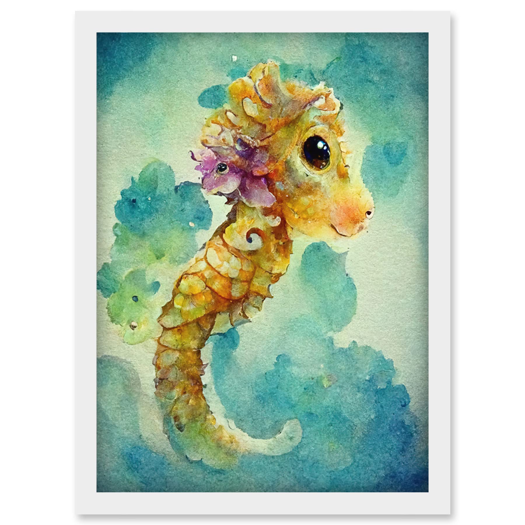 Doppelganger33 LTD Cute Baby Seahorse Kids Bedroom Watercolour Illustration Artwork Framed Wall Art Print A4