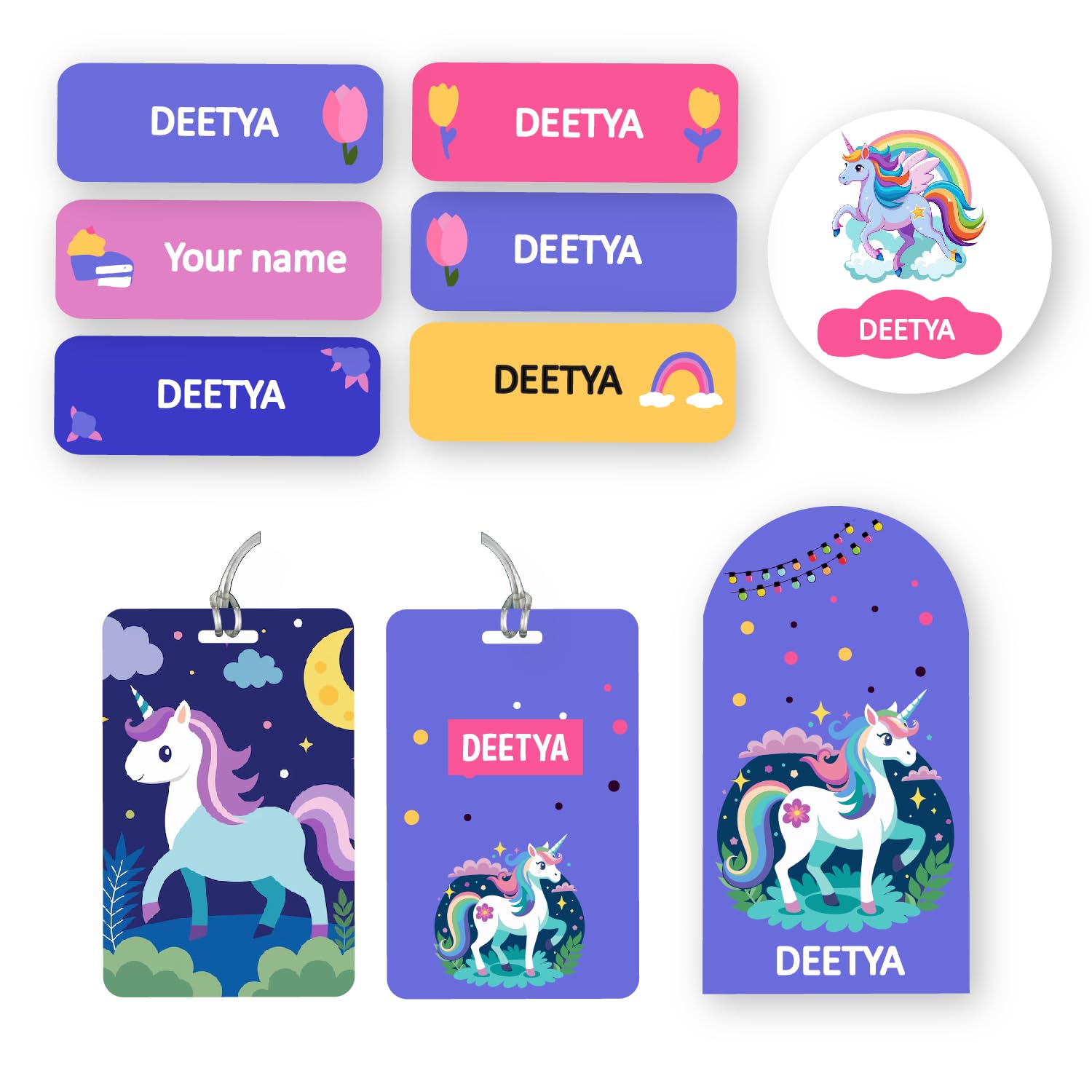46 PCs Personalised Name Sticker & 1 Custom Name Bag Tag for Kids School Notebook Bag | Waterproof Name Slip Label Stickers and Acrylic Bag tag (Unicorn)-image-30