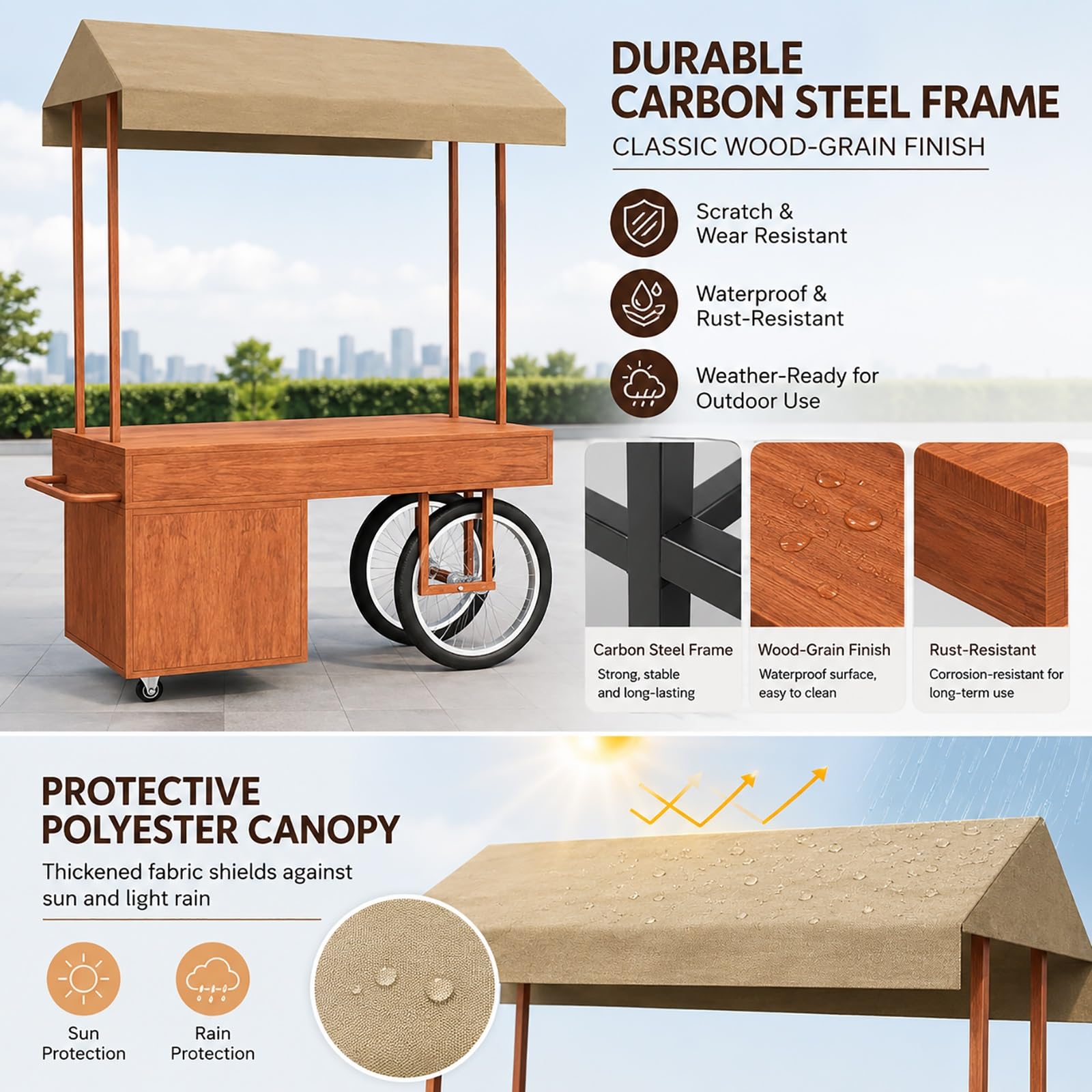 Puesto Ambulante con Toldo, Carrito de Venta con Ruedas y Compartimento, Stand Expositor para Exterior con Ruedas Blocables