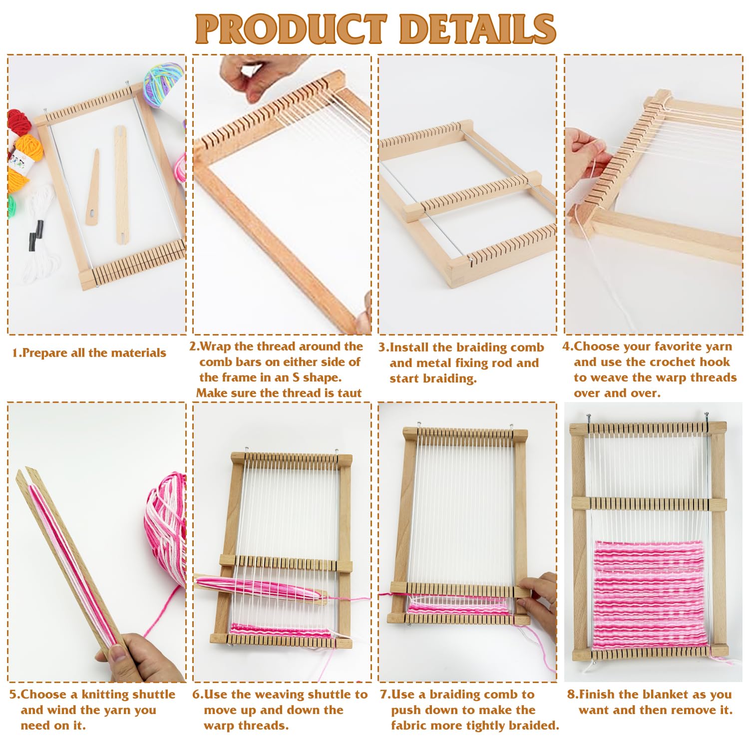 Qcdou Telaio per Bambini, Telaio per Tessitura in Legno Set, con Lana Colorata, Bastoncino per Tessitura, Pettine, Ago per Tessitura in Legno, 19 x 29 cm Cornice per Maglia, per Bambini Principianti