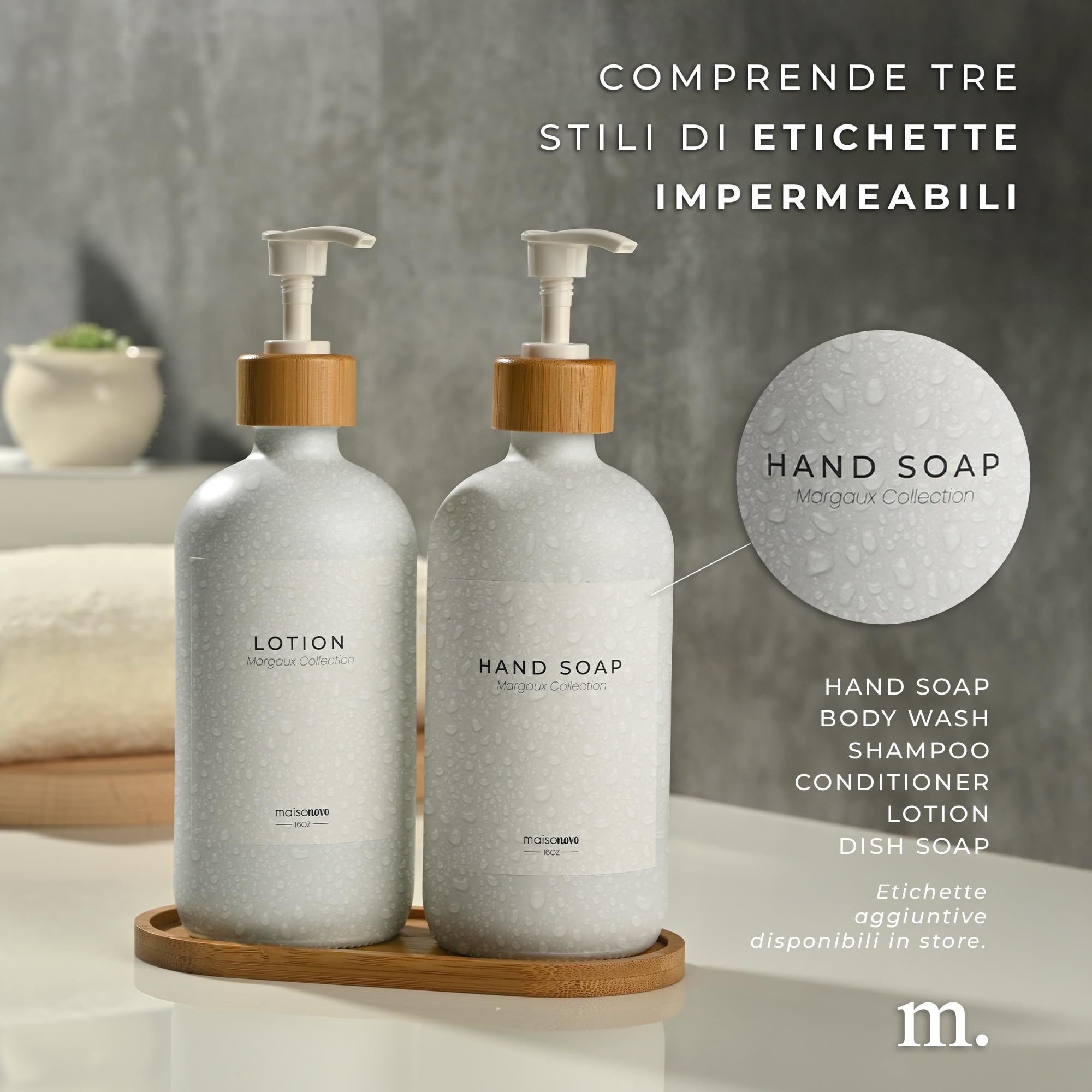 MaisoNovo Dispenser di sapone da bagno Set da 2 pezzi - Dispenser di sapone per le mani da 500 ml - Bottiglie di bambù bianche - Pompa in acciaio inossidabile con vassoio di bambù