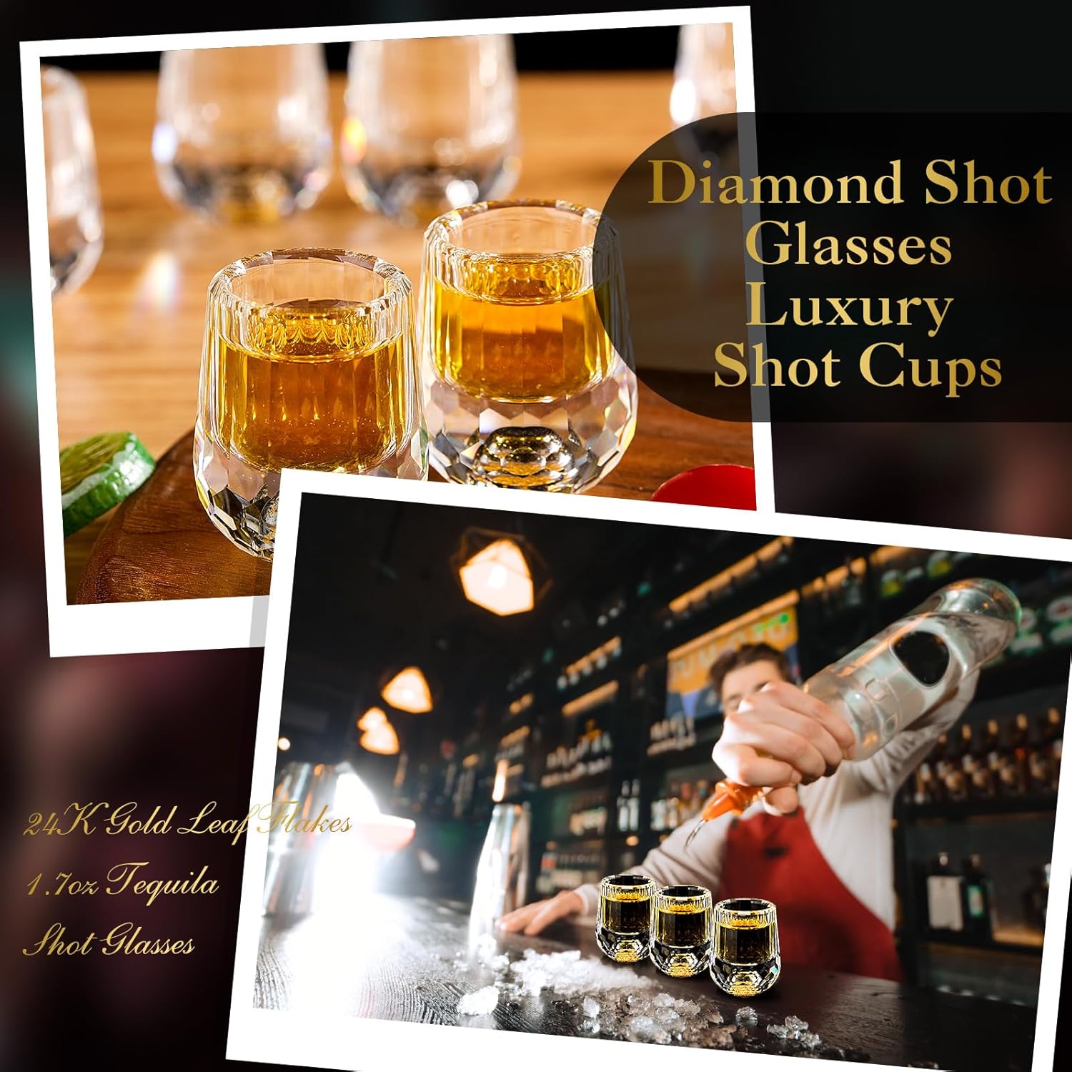 12 Pcs Small Crystal Shot Glasses with 24k Gold Leaf Flakes - Mini Diamond Tequila Whiskey Shot Glasses Set Luxury Drinking Glassware for Party Bar Decor Collection Gift (mini,0.338 oz)