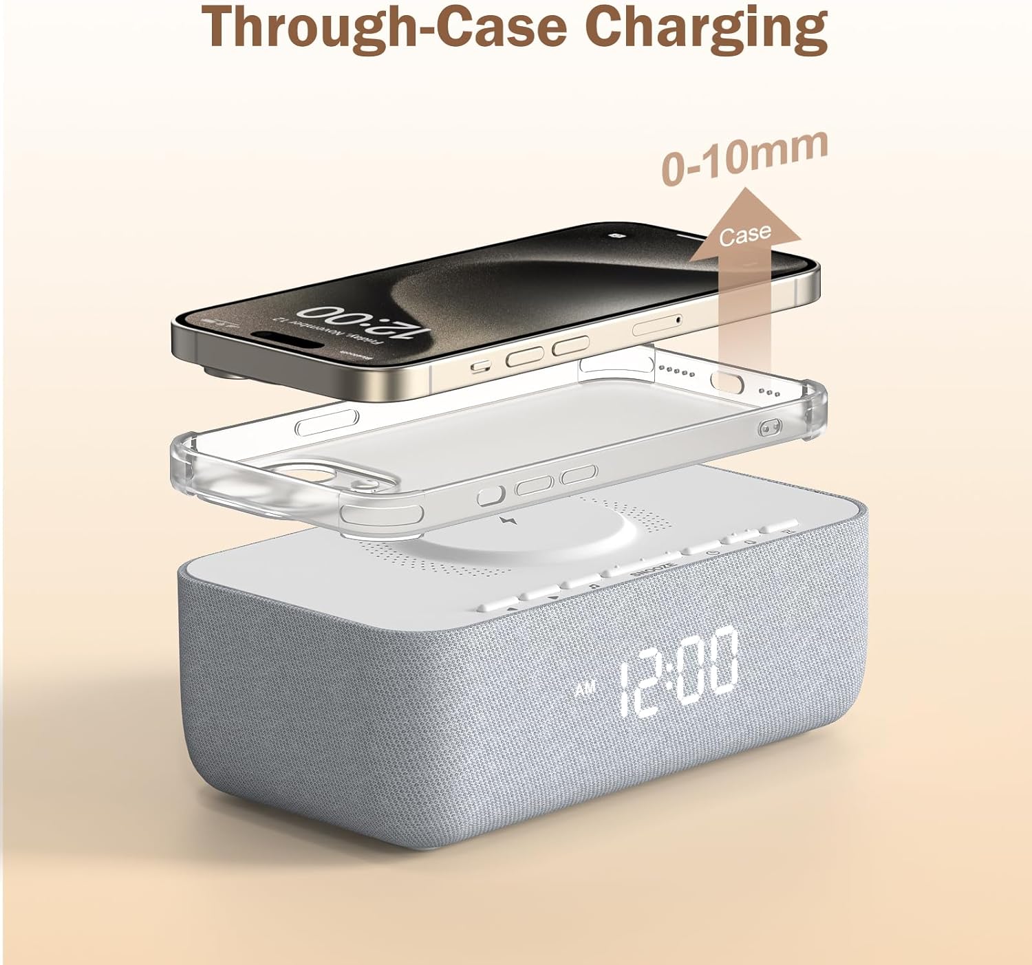 REACHER alarm clock demonstrating through-case charging