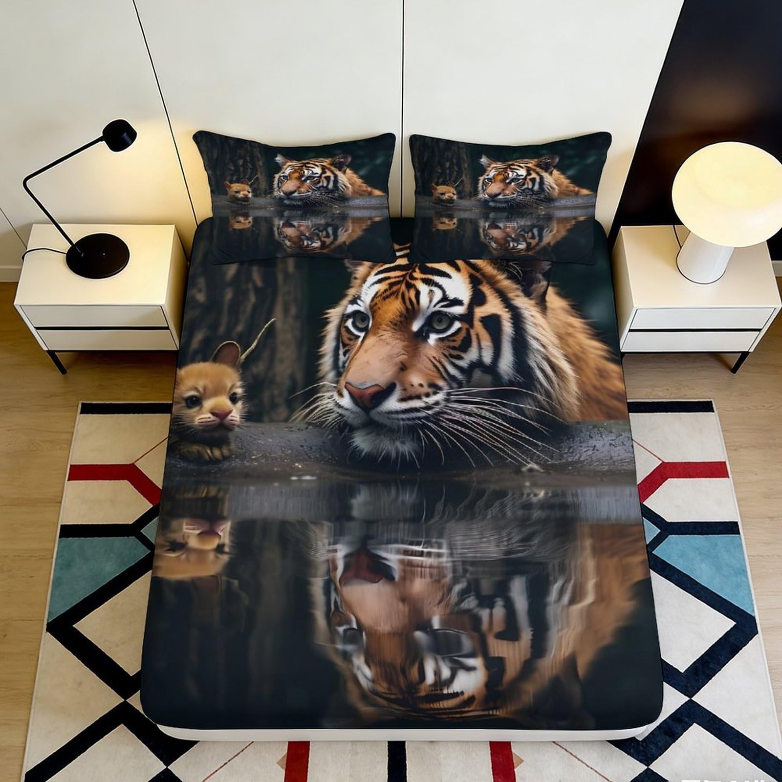 3D Printed Tiger Reflection Fitted Sheet Microfiber Animal Pattern Bed Sheet for Bedroom Dorm Mattress Decor 90x200x25cm