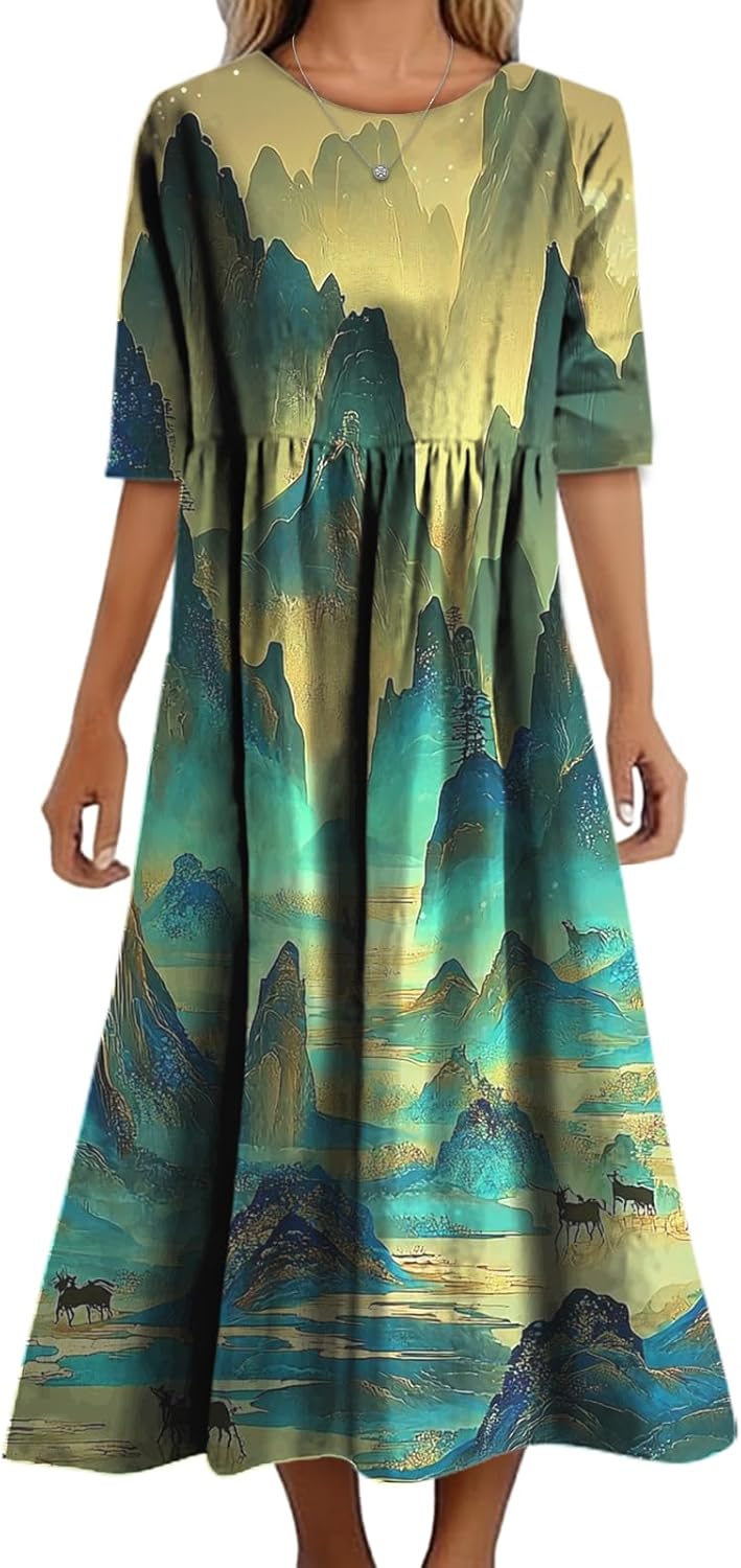 Women's Summer Maxi Dress Casual Boho Stylish Cotton Short Sleeve Flowy High Waist Long Beach Sundress