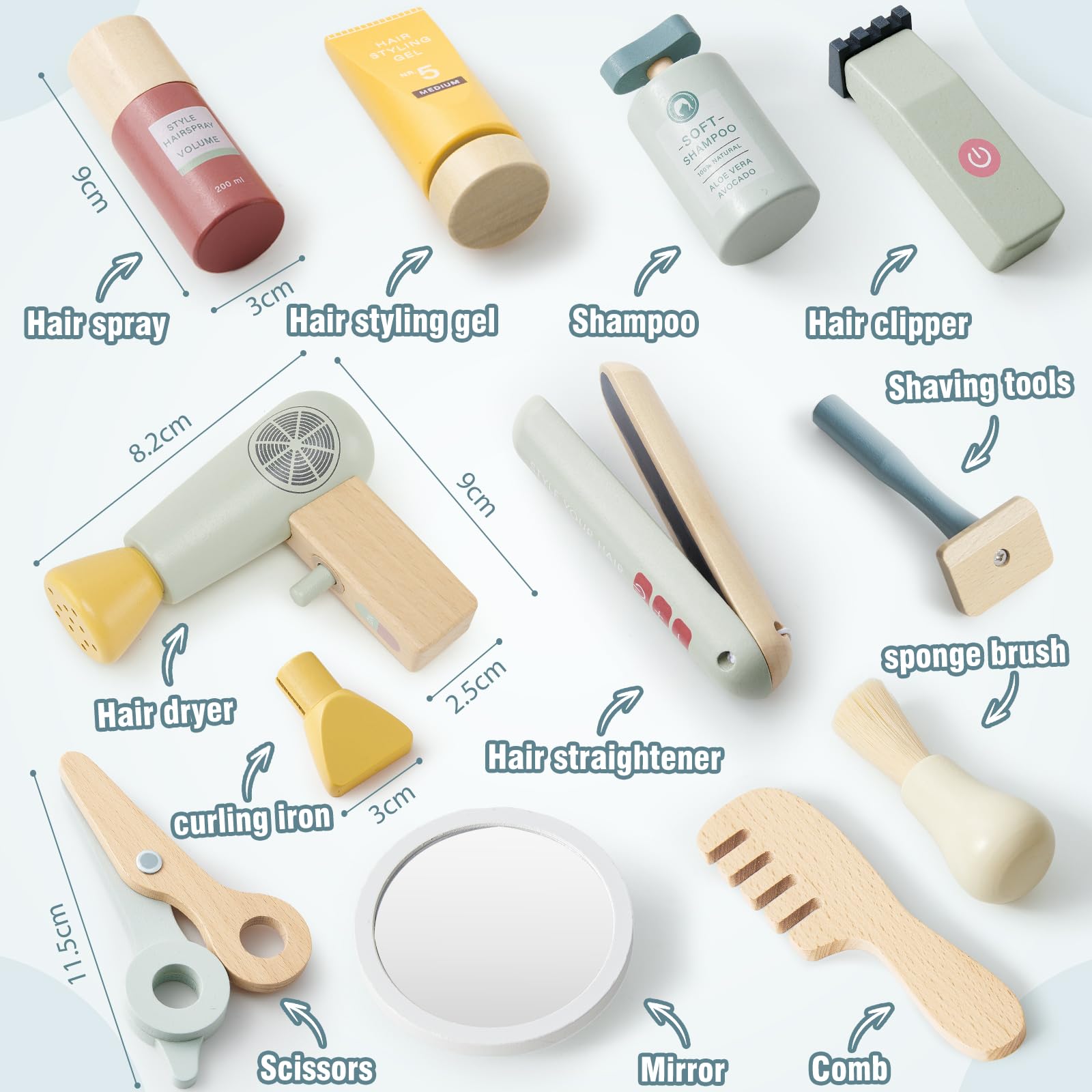 Atoylink Set Coiffure Enfant en Bois avec Accessoires de Coiffure et de Rasage pour Garons 3-8 Ans