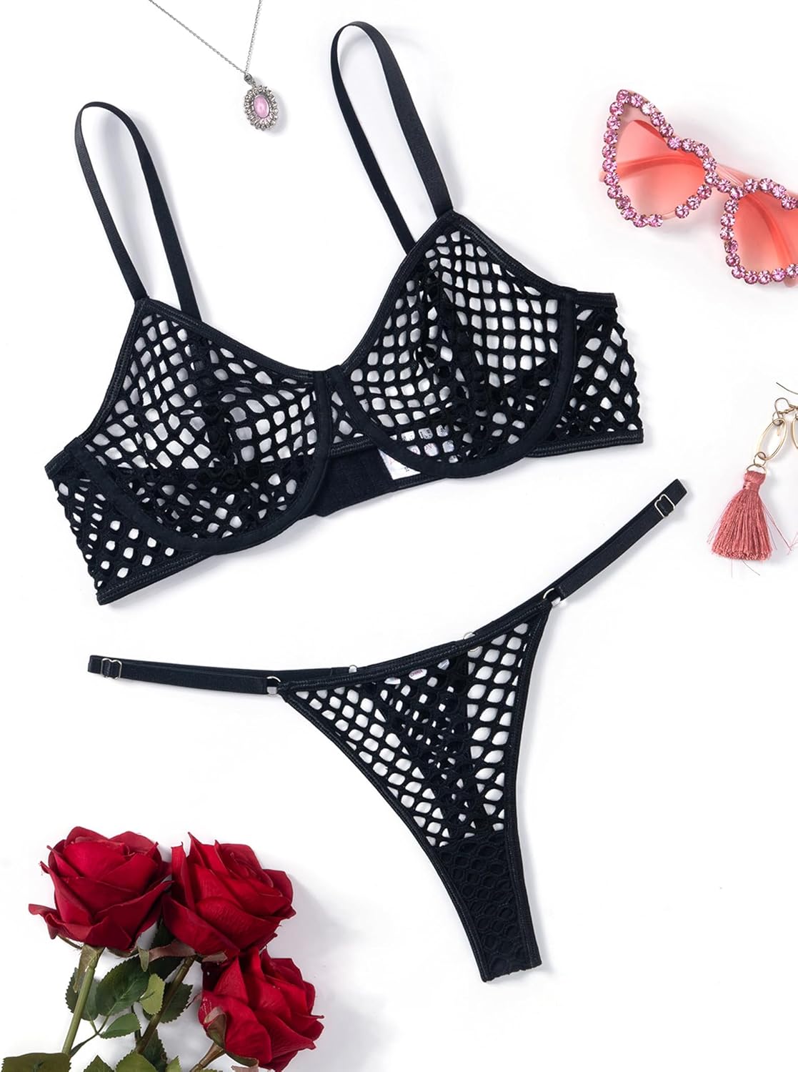 Avidlove Fishnet Lingerie Set Hollow Out Push Up Bra and Sheer Thong Women's Sexy Lingerie Underwear 2 Piece - Image 3