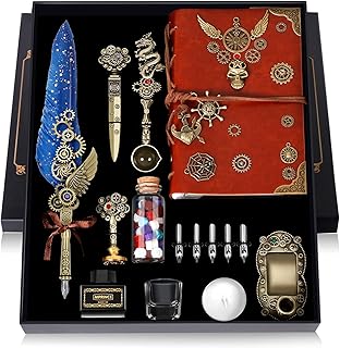 MPRINCE Quill Pen Ink Set Leather notebook With Quill Pen,Notebook,5 Replaceable Nibs,Seal Stamp,Spoon,Wax Beads,White Wax,Ink,Pen Holder,Cup,Envelope,Letter Paper(blue)