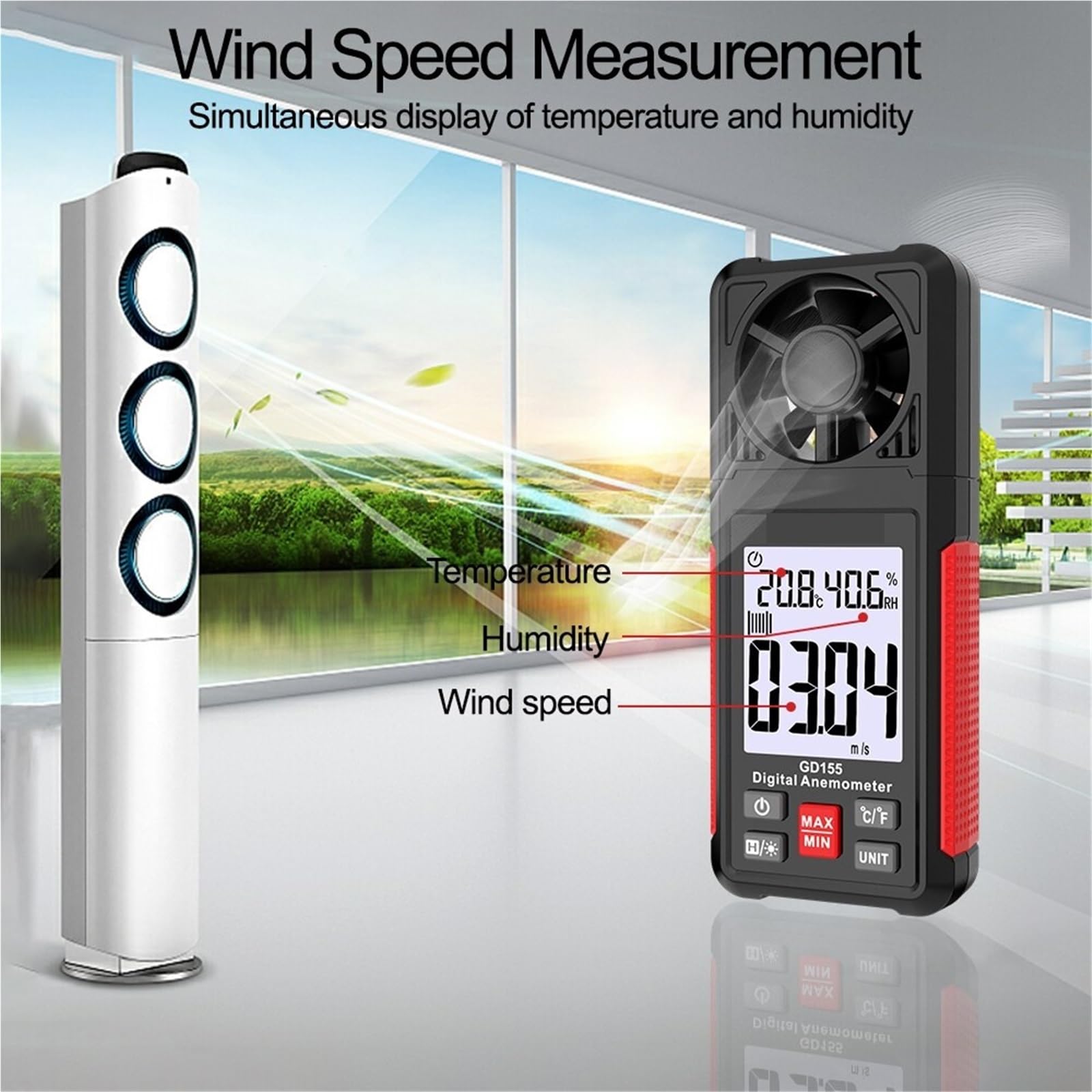 Anemómetro digital portátil GD155 for medir la velocidad del viento, la temperatura y la sensación térmica con retroiluminación.