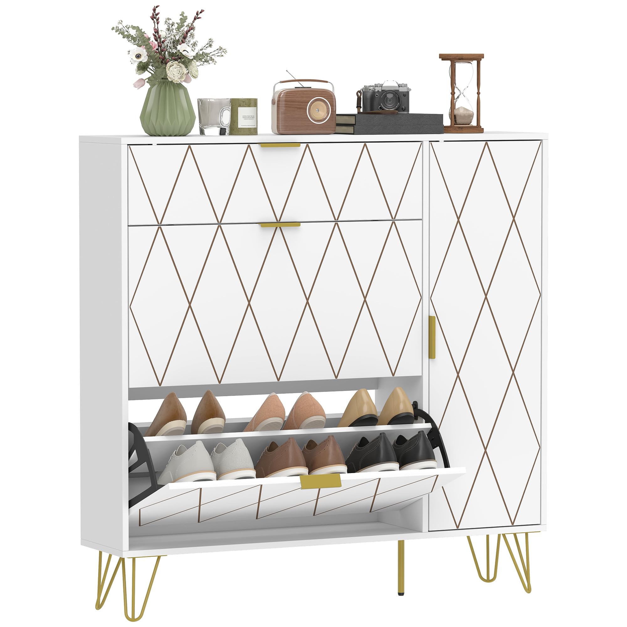 HOMCOM Zapatero Estrecho con 2 Cajones Abatibles 110x25x110,6 cm Blanco | Mueble Zapatero Moderno con Armario y Estantes Ajustables, 10-14 Pares de Zapatos, para Pasillo, Entrada, Recibidor