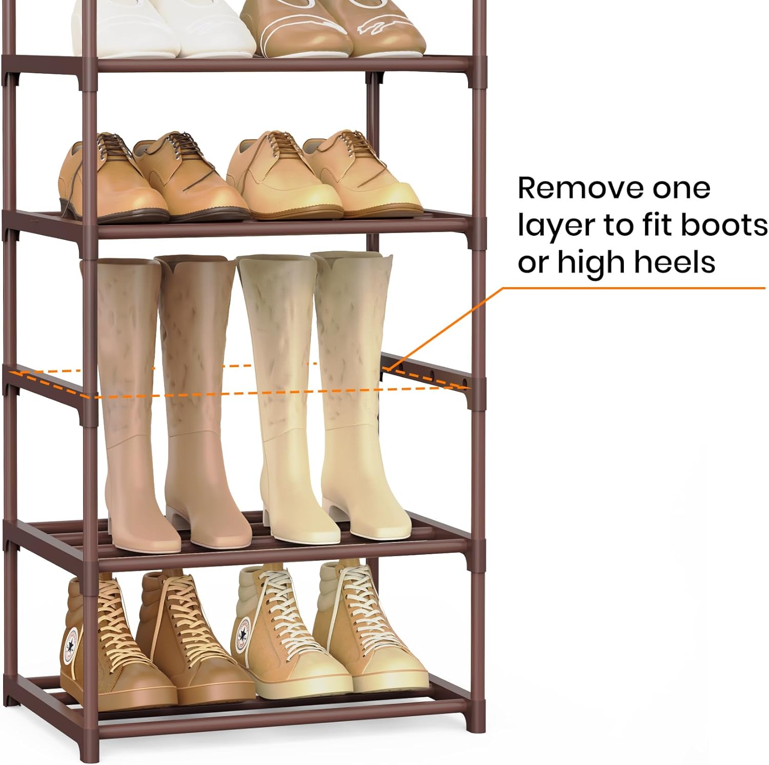Tall 10 Tier Shoe Rack - 20-24 Pair Storage, Sturdy Metal Shoe Organizer with Hooks for Closet, Entryway, Brown