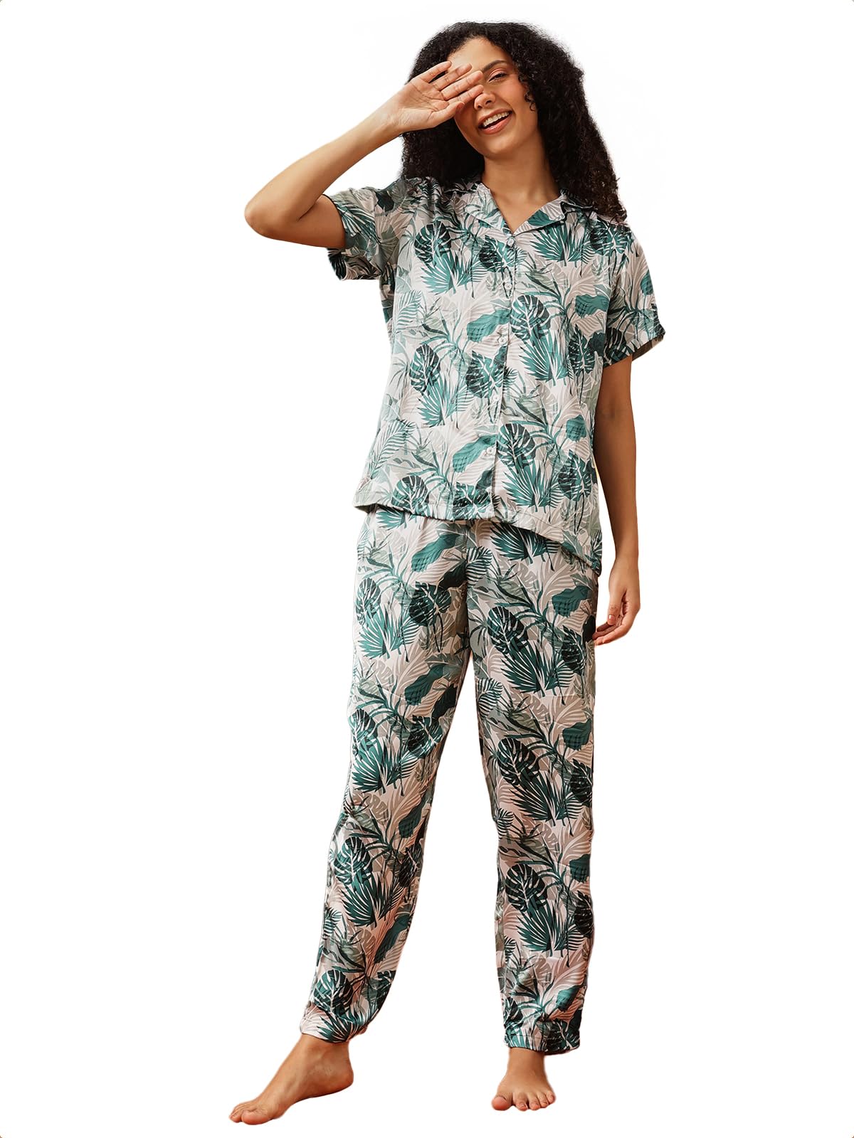 clovia Women's Satin Printed Shirt & Pyjama Set in Light Green Colour-picture-12