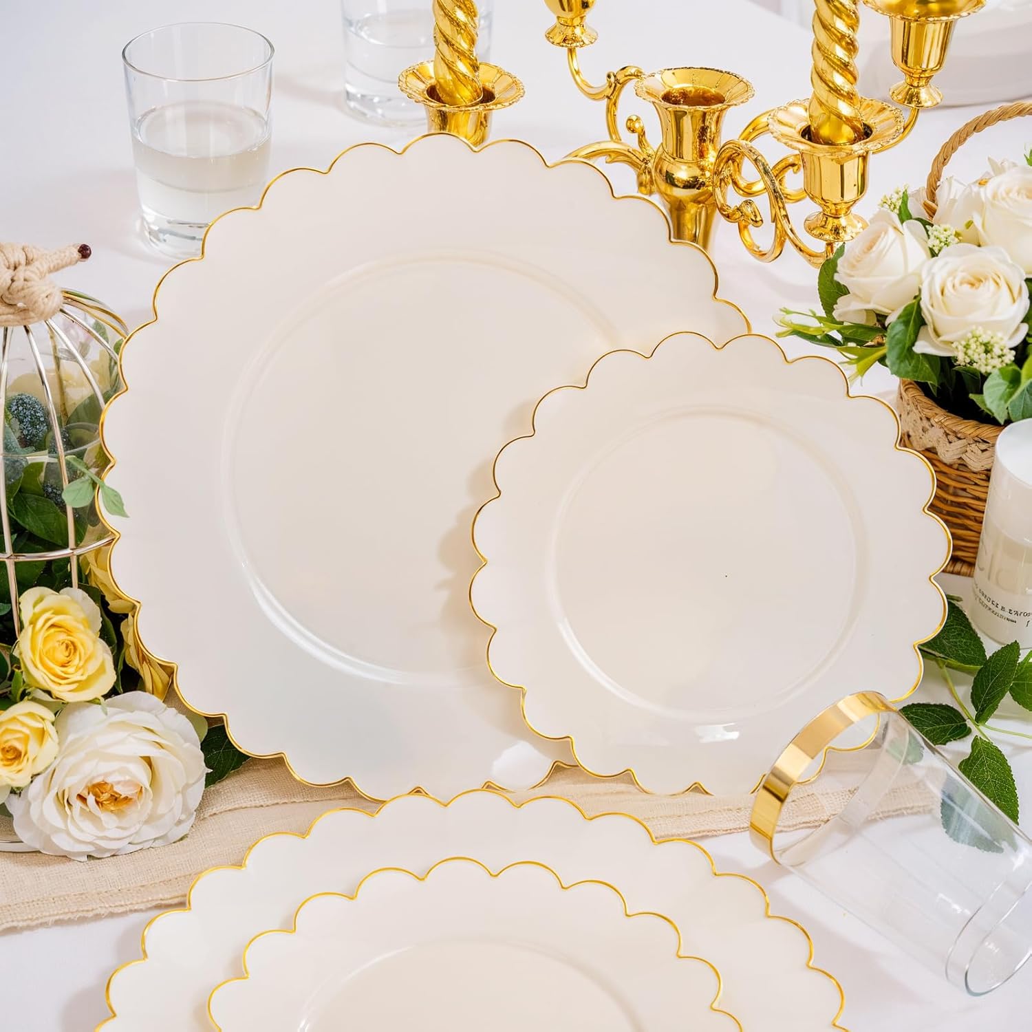 LIYH 210 Pcs Ivory Plastic Plates Scalloped Plastic Plates Disposable Dinnerware Set Cream Gold Scalloped Plate Include Plate Gold Silverware Napkins Cup for Birthday Valentine's Day 30 Guests