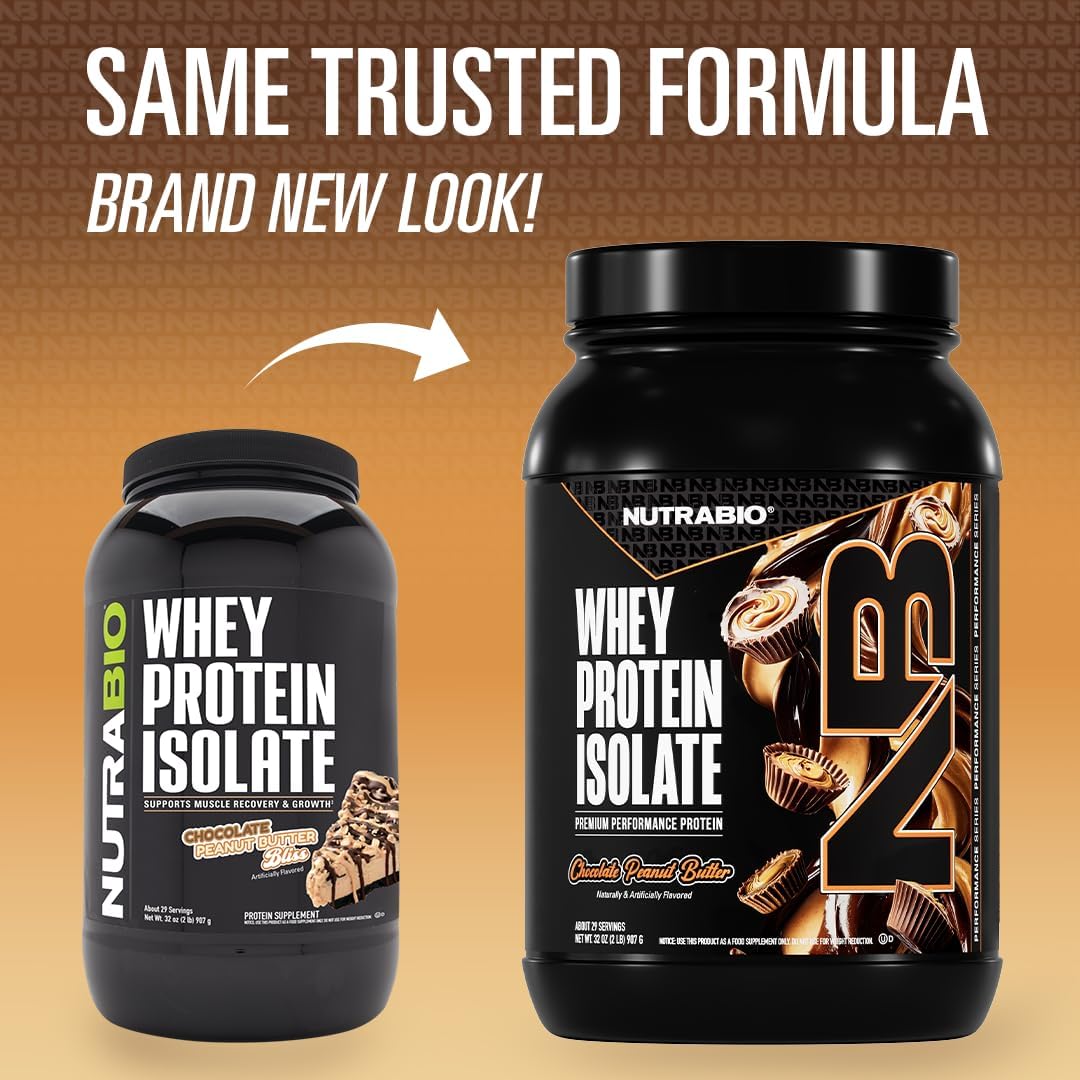 NutraBio 100% Whey Protein Isolate Protein Powder, 25g Protein with Complete Amino Acid Profile, Non-GMO, Soy & Gluten Free, Low Carb, Low Calorie Whey Protein Powder, Chocolate Peanut Butter, 2 Lbs