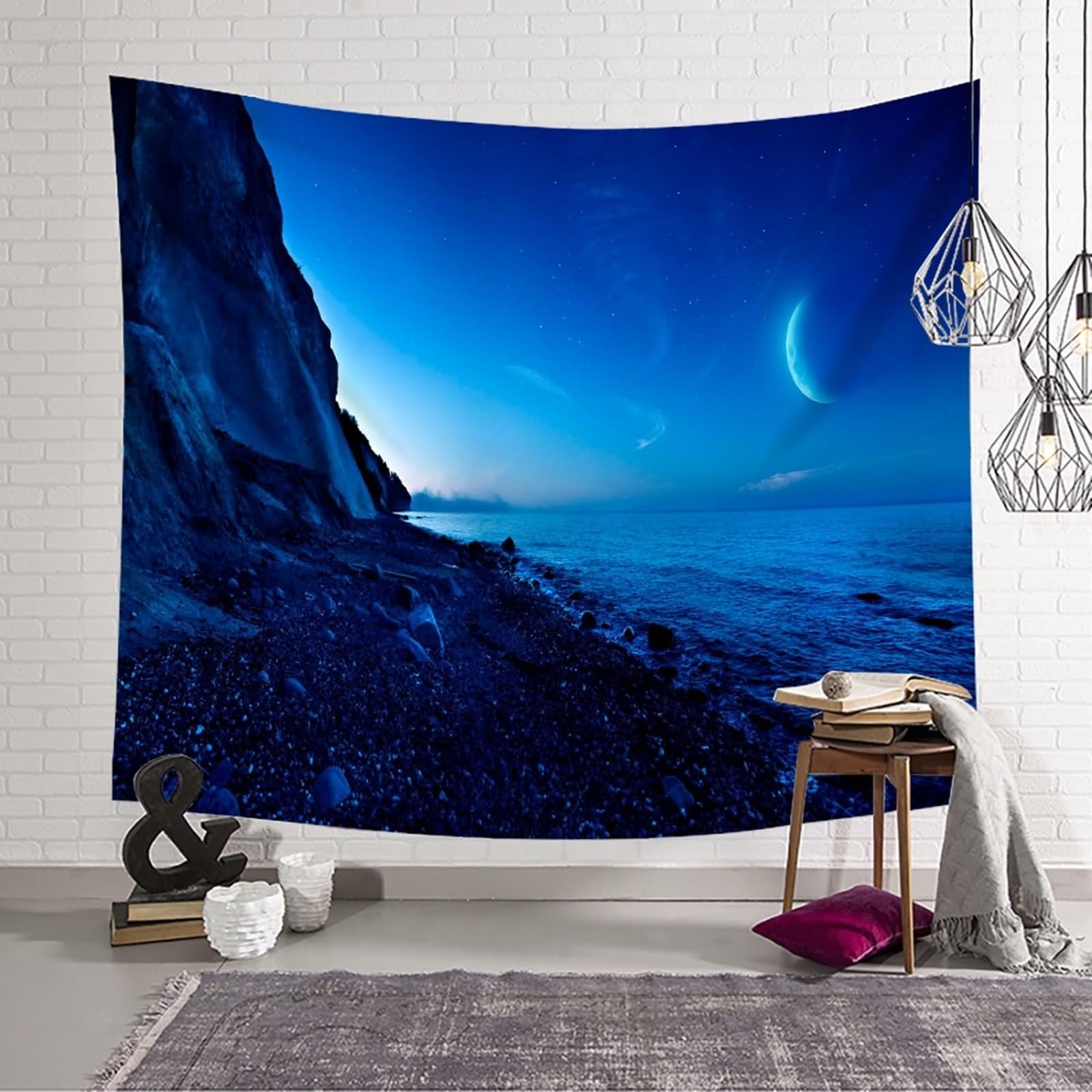 Aotiwe Nowoczesna dekoracja ścienna z materiału, morze i księżyc, ciemnoniebieska, makata na ścianę, duża, 200 x 200 cm