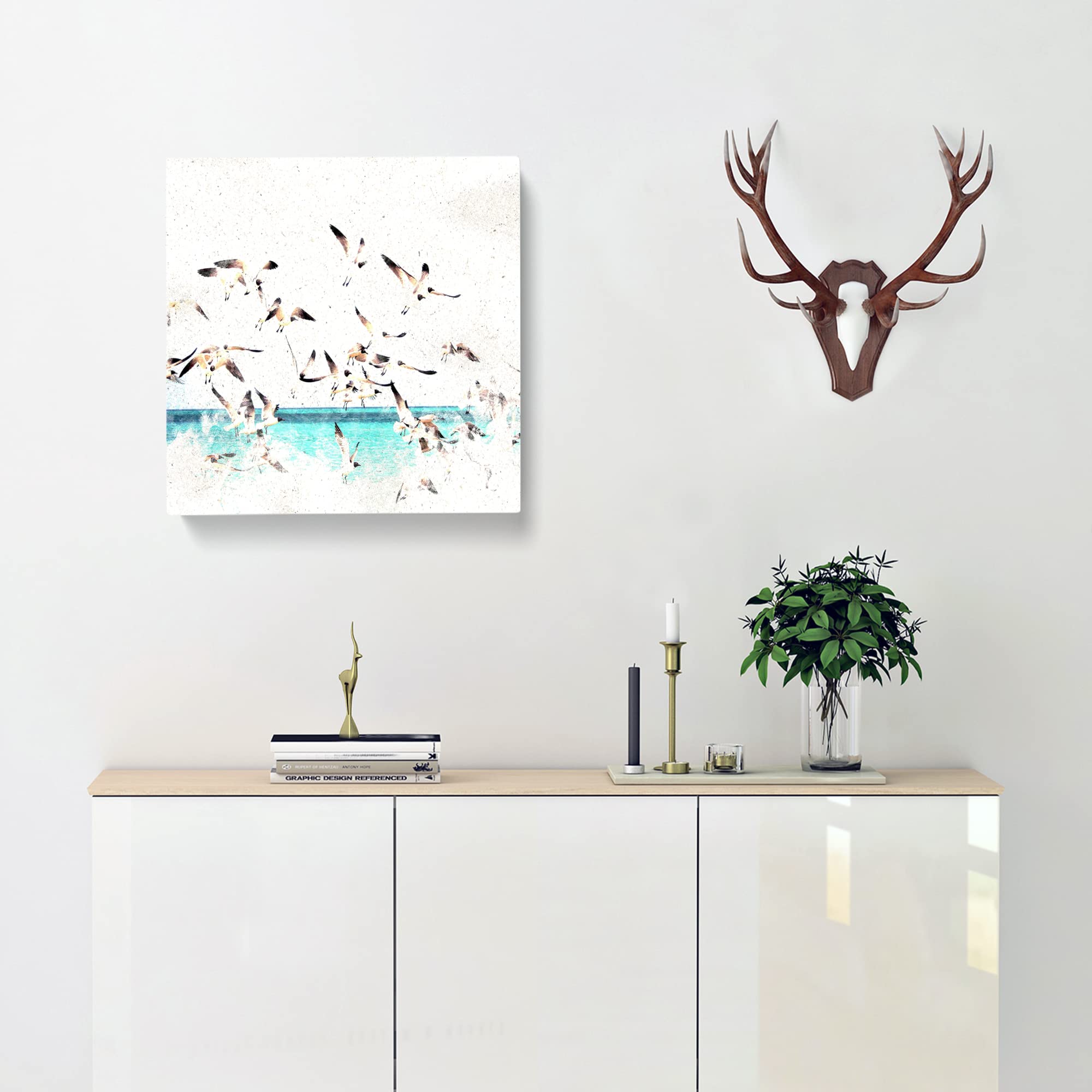 Flock of Seagulls Over the Sea Watercolour Canvas Print, Mixed, 35L x 35W cm - Image 2