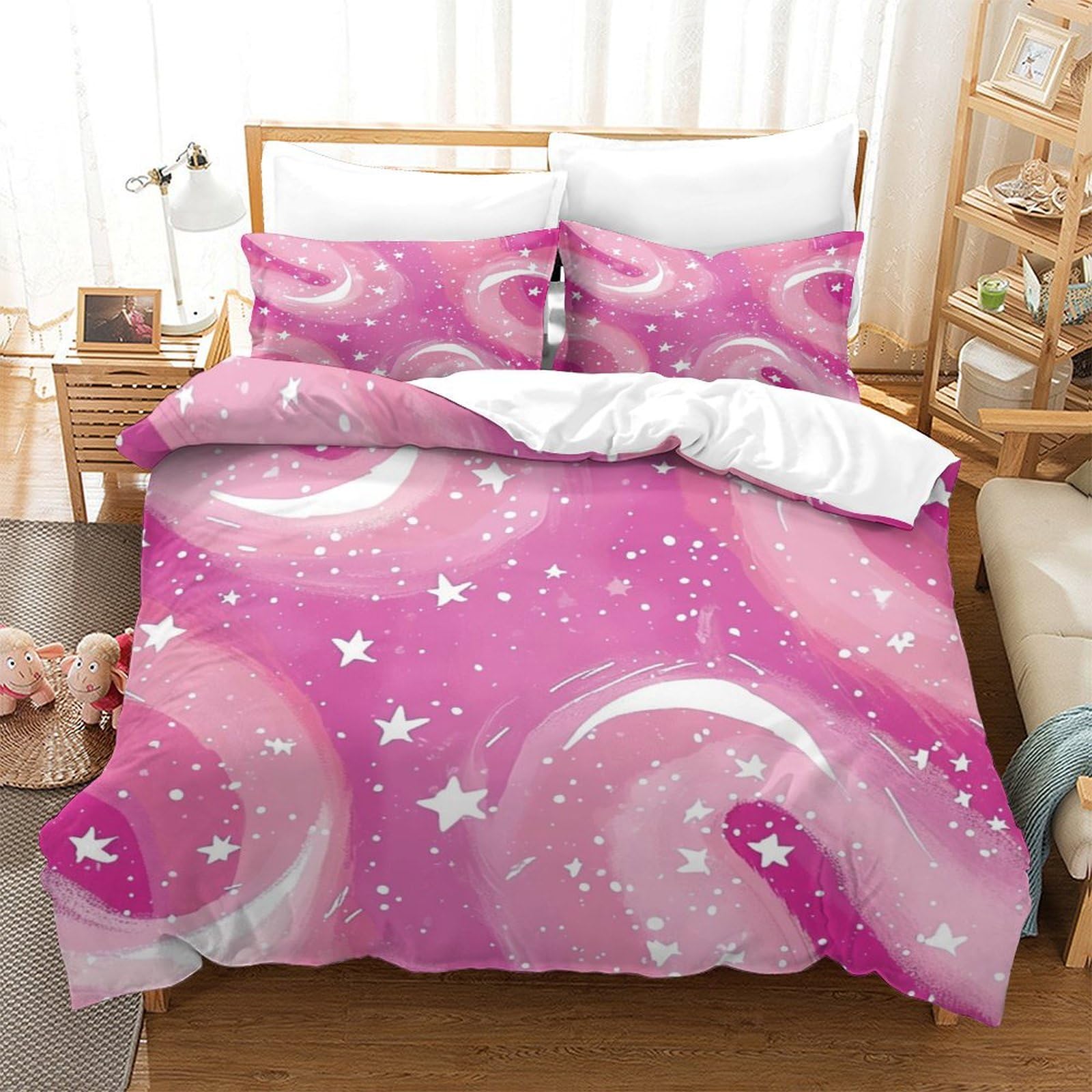 P1S9U7W5Y 3D Printed Pink Moon Stars Duvet Cover Set 3pcs Microfiber Dreamy Bedding Set King（220x240cm）