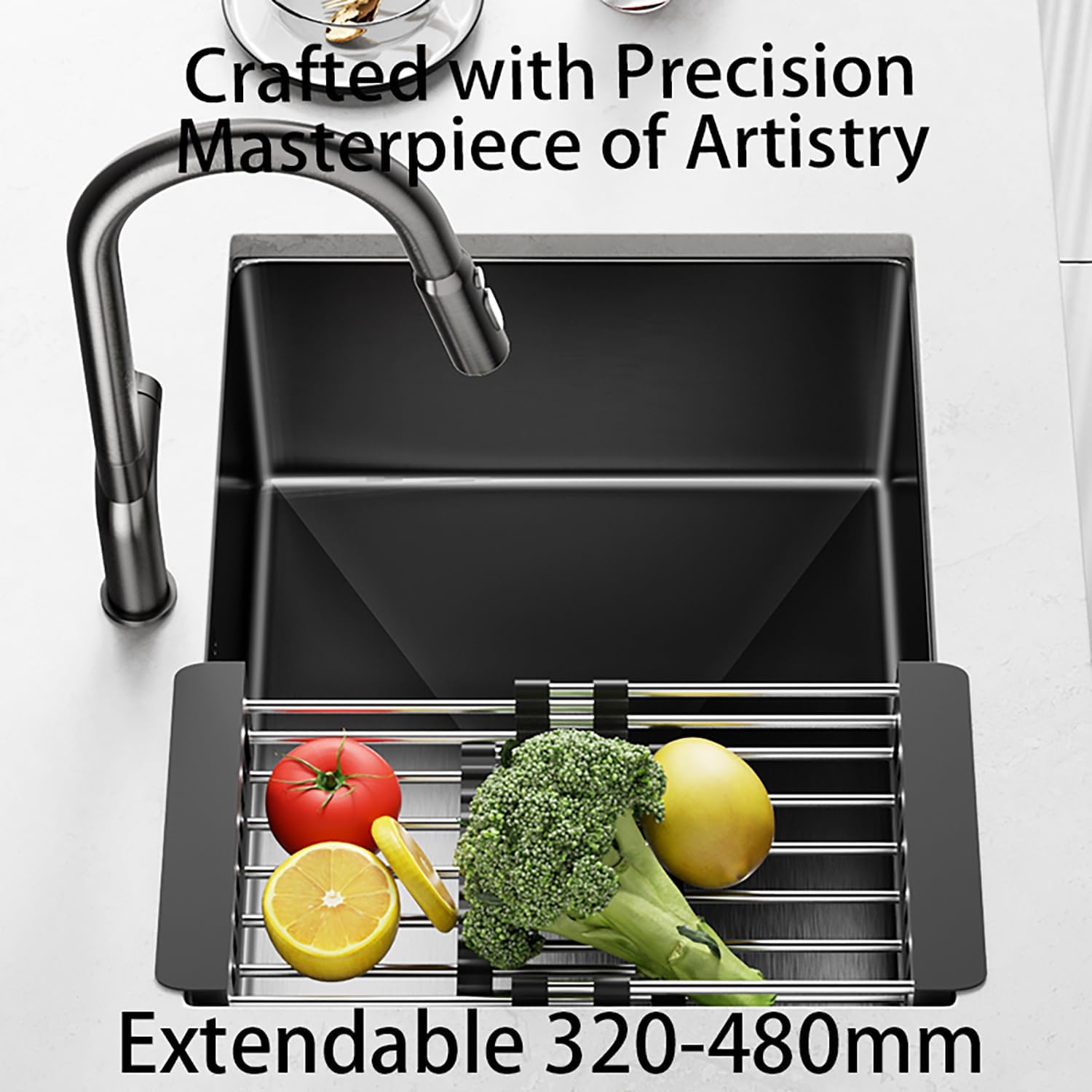 9-21 Inch Mini Square Kitchen Sink SUS304 Stainless Steel Bar Prep Sinks Handmade Wet Bar Prep Kitchen Sink with Pull-Out Faucet for Outdoor RV And Prep Use,Black,25 * 35cm