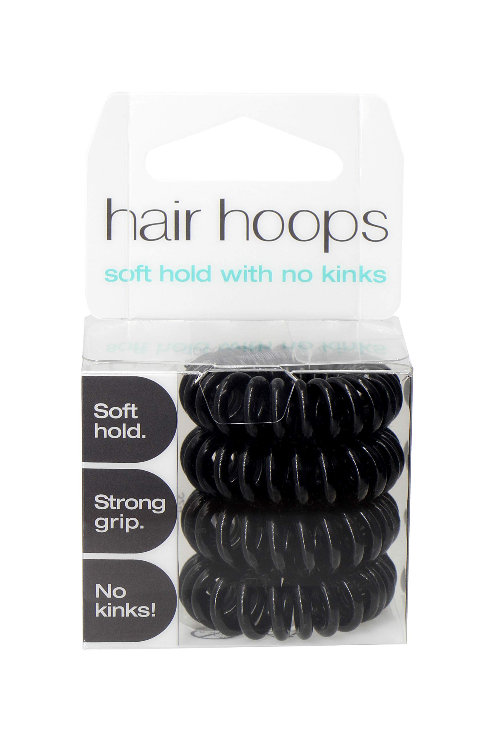 Hair Hoops, Soft Hold, No Kinks, Hair Ties - Black - 4 Pack