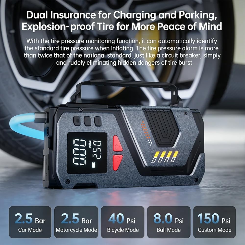 Booster Batteria Auto 12V 10.000mAh con Compressore ad aria 150PSI (6000mAh | Avviamento Batteria Auto Portatile con Schermo LED, per Benzina e Diesel Fino a,Pinze intelligenti,Banca di potere