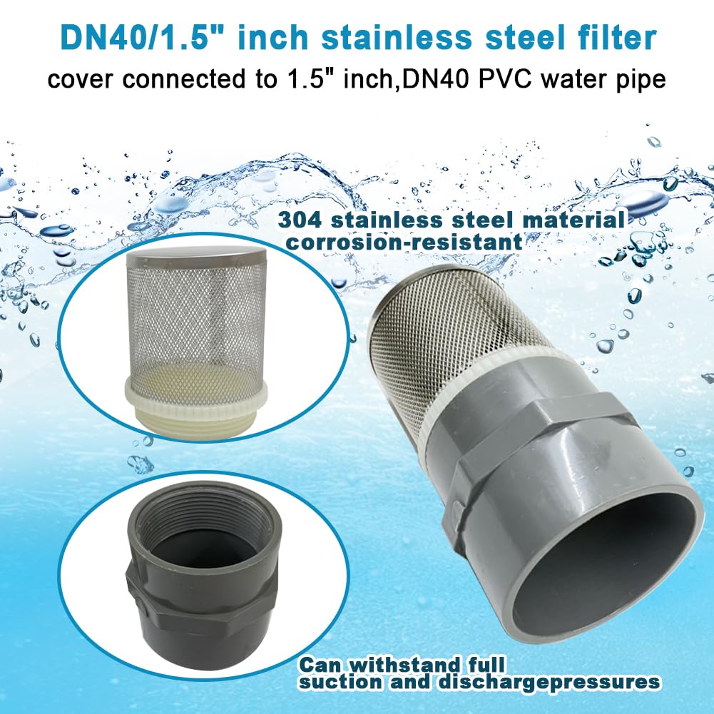 Cotonlake 1.5 inch Stainless Steel Filter Cover Connected to 1.5 inch/DN40 Grey PVC Filter Water Pipe, Suction Strainers Used to Remove Debris and Reduce Solid Entry?1pcs?