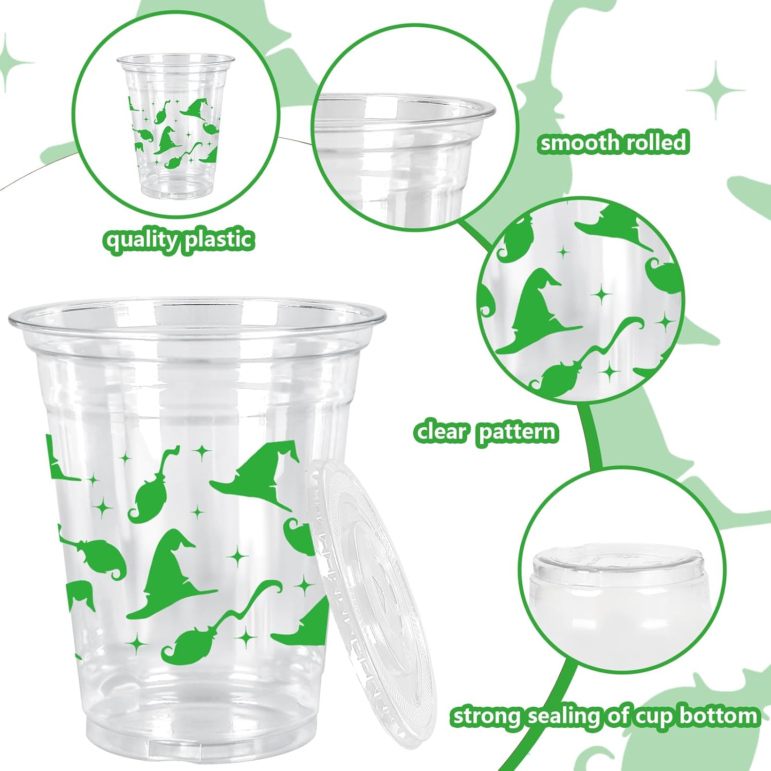 50Pcs 12Oz Magical Wizard Plastic Cups with Lids & Straws Green Witch Hat Pink Crown Disposable Clear Drinking Cups for Halloween Birthday Baby Shower Party Supplies - Image 3