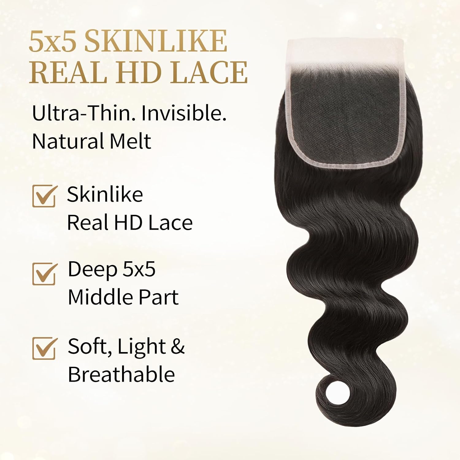 Luckstar 5x5 Real HD Skinlike Lace Closure, Bleached Knots, Pre-Plucked 0.10mm Ultra-thin Invisible HD Lace, Seamless Skin Melt, Natural Scalp Look, 16 Inch Body Wave Closure