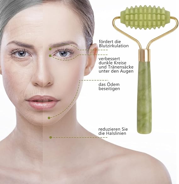 Jade Roller for Face, Natural Jade Face Roller, Jade Roller and Gua Sha Massage Set with Mask Brush, for Skin Firming, Rejuvenation of Face and Neck Pack of 4