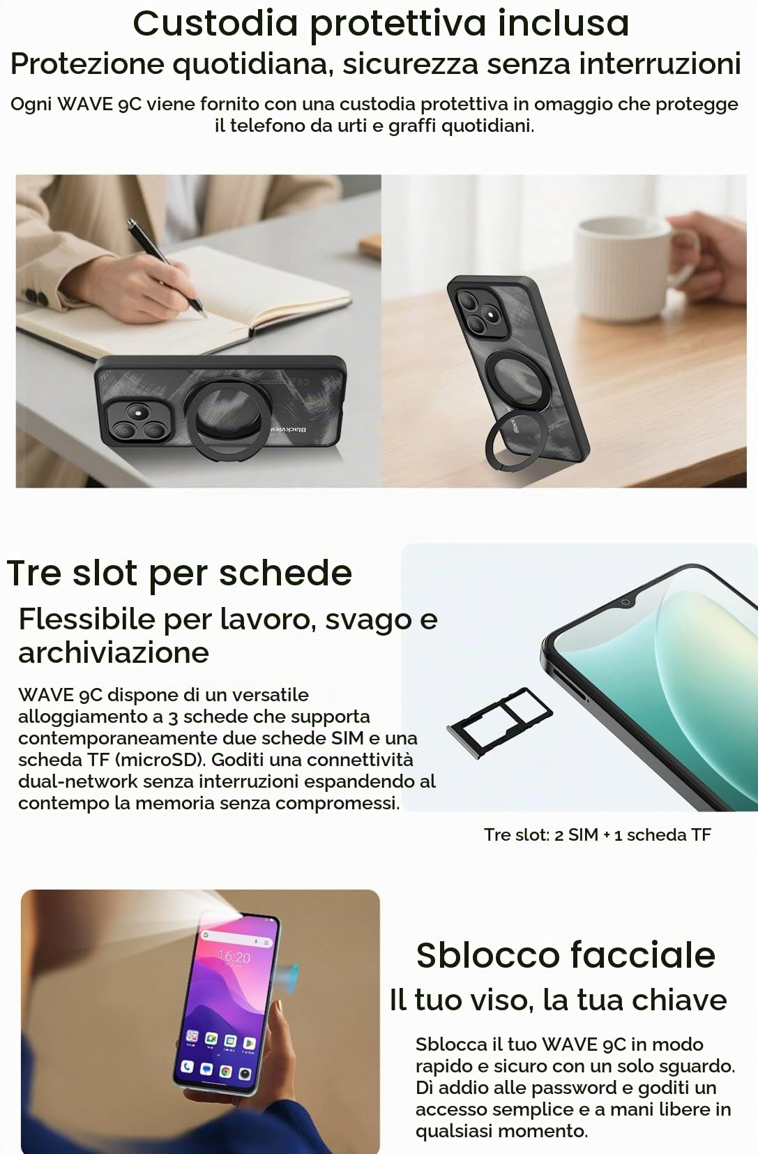Blackview Wave 9C 4G AI Smartphone Offerte, 6,56'' 600nits Schermo, 12GB+128GB(2TB Esterna), 3 Assistenti Intelligenti IA, 13MP+8MP, 3 Slot per Schede, Android 15 DUAL SIM Cellulare Libero, GPS Blu