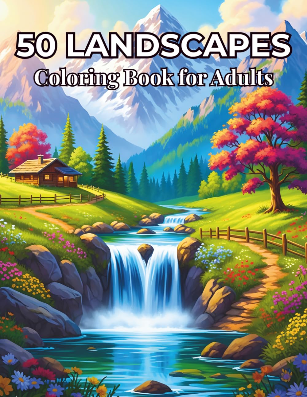 50 Landscapes Coloring Book for Adults: Relaxing Nature Scenes, Mountains, Forests and Lakes for Stress Relief