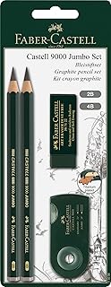 Faber-Castell 4 Piece Quality Castell 9000 Jumbo Graphite Pencils Blister Card Set, Including 2B, 4B, Double Hole Sharpening Box for Standard and Jumbo Black Lead Pencils, Dust-Free Vinyl Eraser