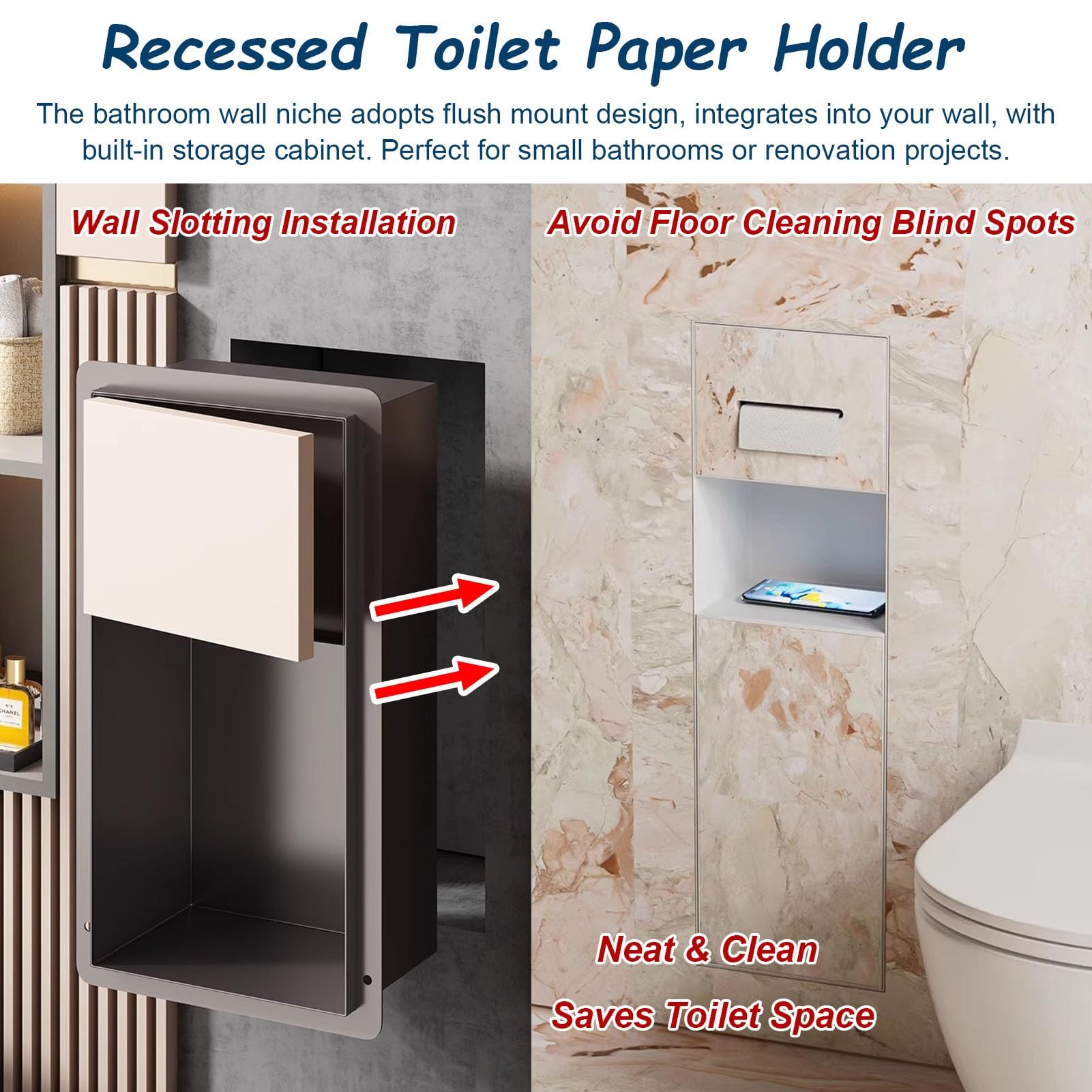 Vibeo Portarrollos Empotrable Portarrollos de Papel Higiénico Empotrado con Papelera, Nicho de Pared Empotrado Revestible con Azulejos, Organizador de Baño Empotrado