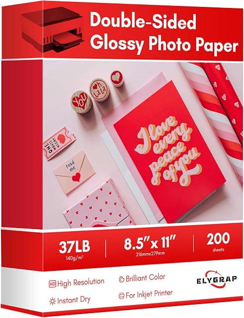 200Sheets Livre de la brochure Glossy Inkjet 37LB 140gsm Package en vrac mince double faces papier photo brillant pour magazine, Flyer, présentation, programme,Calendar Elygrap