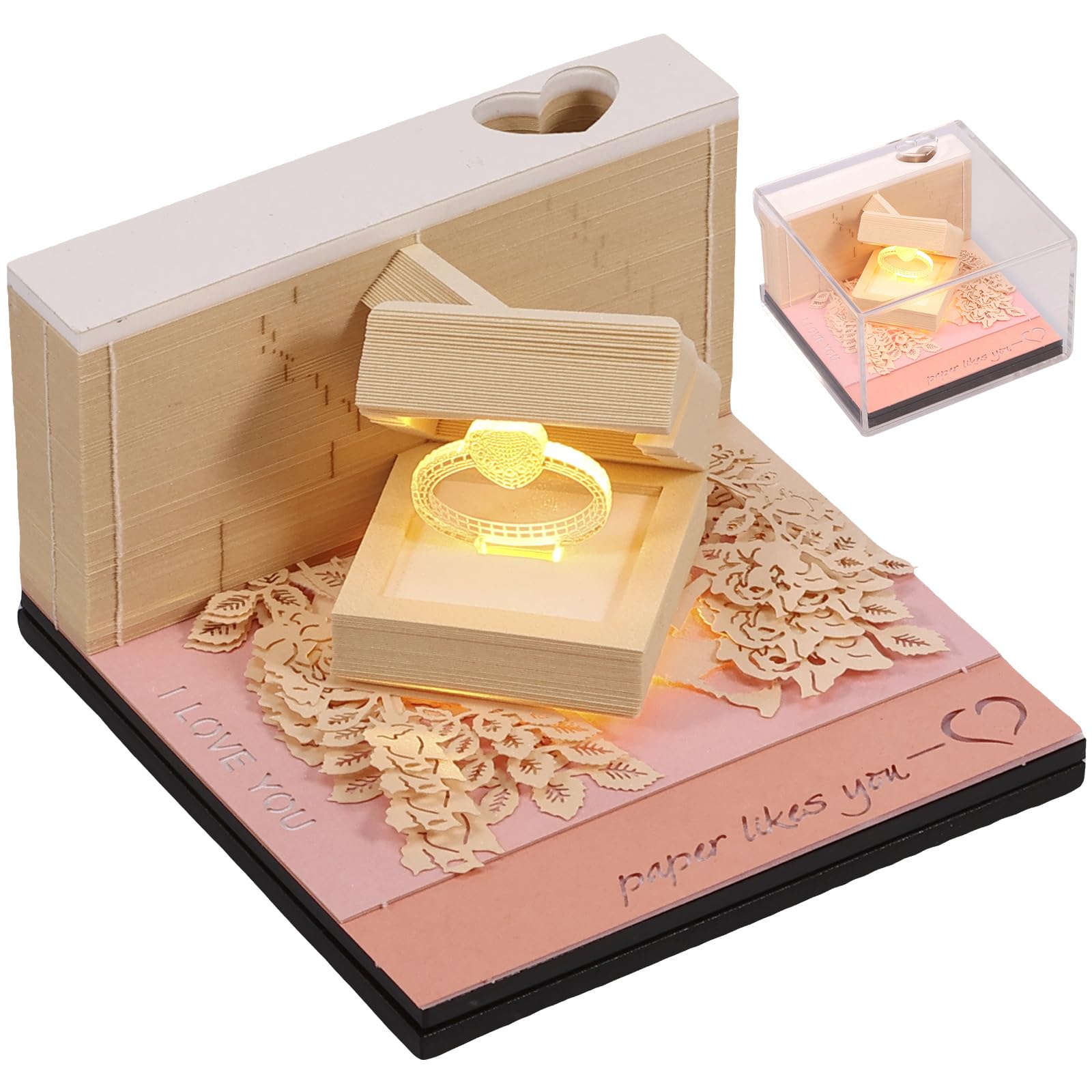 3D Desk Calendar 2024 Memo Pad Paper Art Creative Desk Calendar with LED Lights Acrylic Cover Desk Calendar 3D Decorative Calendar for Home Office Desktop Christmas Decoration(Pretty money)