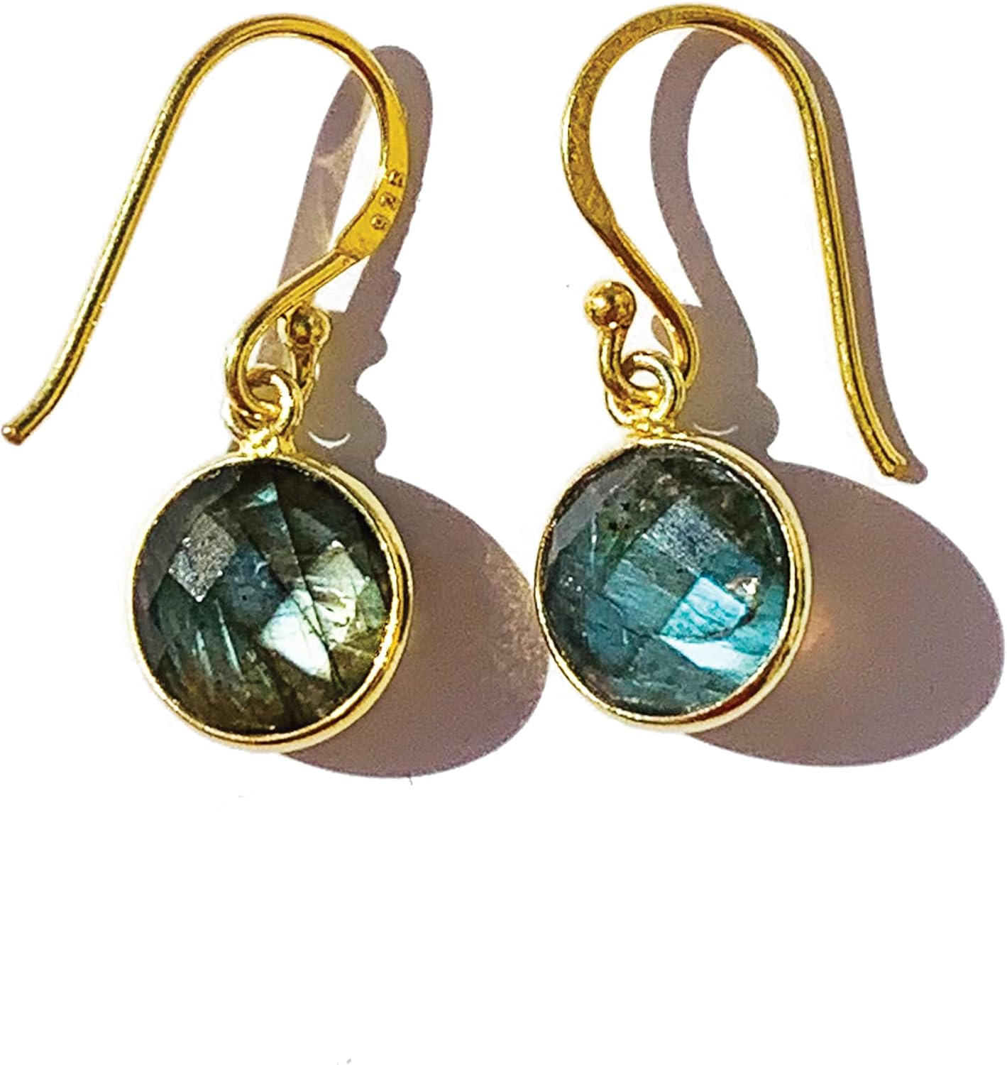 Natural Gemstone Dangle Drop Earrings for Women – Citrine, Moonstone, Black Tourmaline, Amethyst, Rose Quartz, Labradorite – Handmade Sterling Silver 18K Gold Plated Hooks 10mm Jewelry Gift