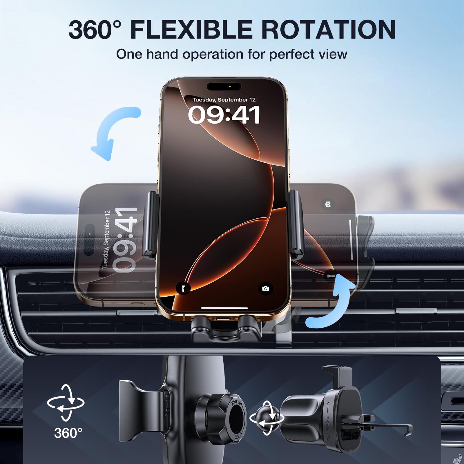 Support Téléphone Voiture Ventilation Double Crochet - Universel 360°, Compatible IPhone, Samsung