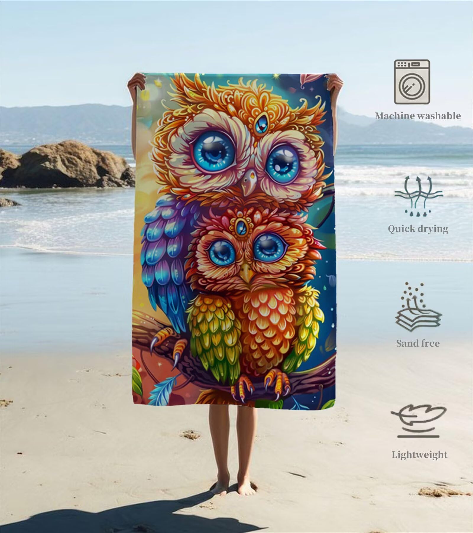 Ręcznik plażowy z motywem sowy z mikrofibry, duży 220 x 100 cm, ręcznik do sauny, szybkoschnący, bez piasku, chłonny ręcznik kąpielowy, nie zajmuje dużo miejsca, podróżny ręcznik na urlop na plaży, Y1