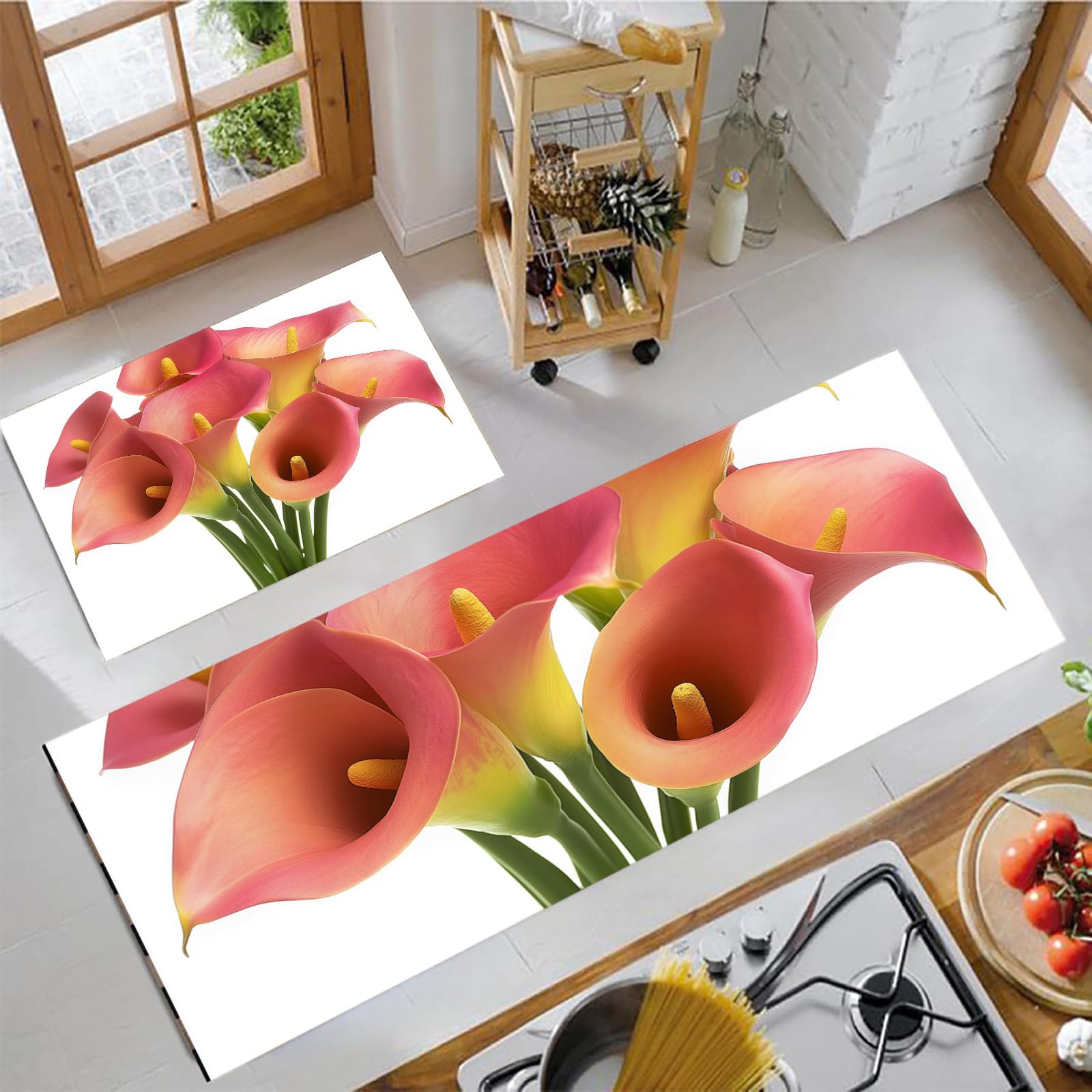 Alfombras de cocina duraderas y confortables con estampado de lirios