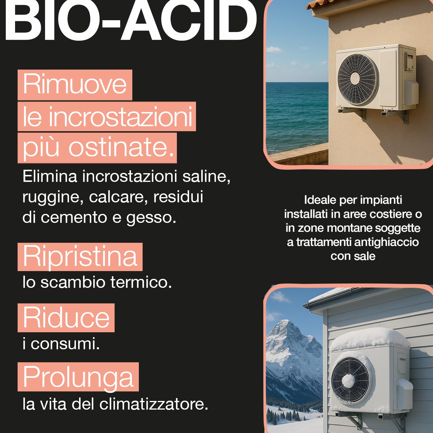 Errecom Kit pulizia completa climatizzatori, include cover protettiva Wally e aerosol 600mL pulizia unità interna, Bio Acid e Bio Alkaline 2L con tensioattivi bio pulizia unità esterna, guanti