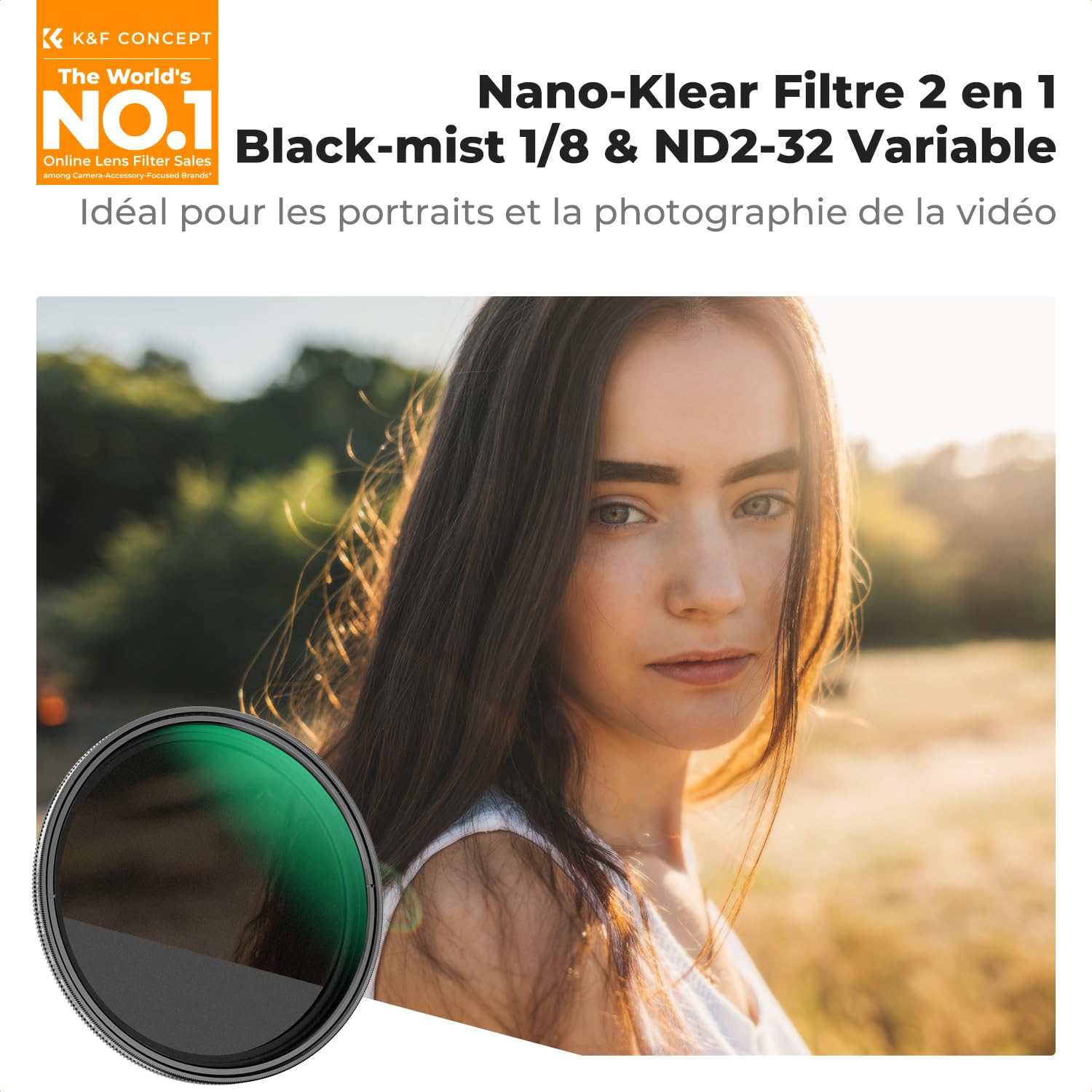 K&F CONCEPT 52mm Filtre Black-Mist 1/8 et Filtre ND2-32 2 en 1 et Chiffon de Nettoyage Effet Spécial pour Objectif Appareil Photo K Série