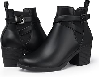 Ankle Leather Boots for Women: Chunky Round Toe Low Heel Black Zipper Buckle Strap Casual Comfortable Block Elastic Winter Fall Chelsea Womens Booties